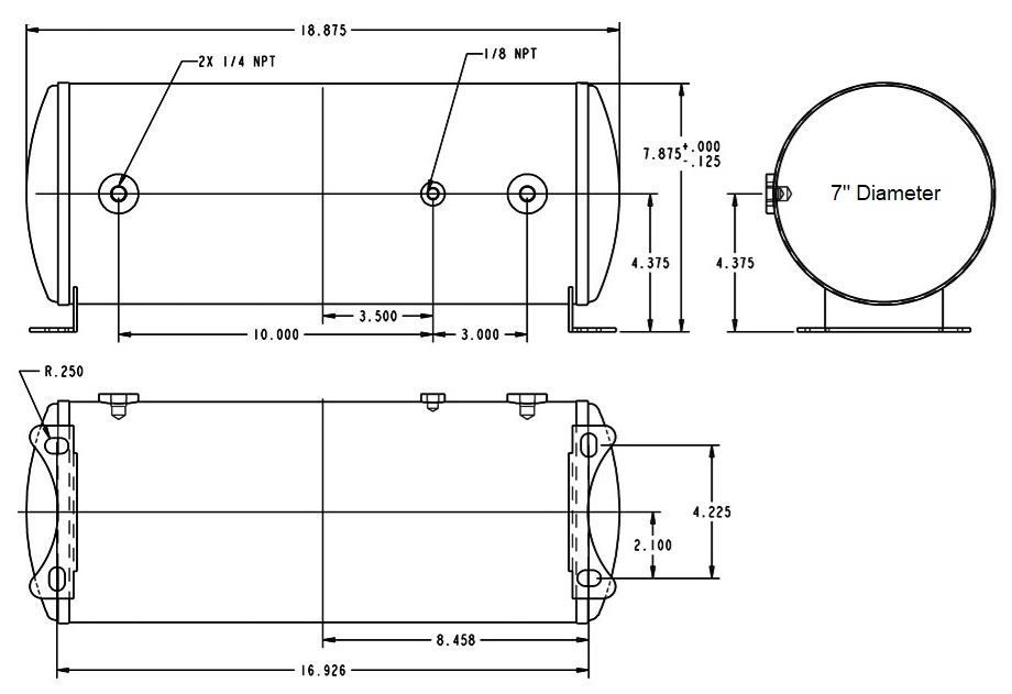 Ridetech 3 gallon aluminum air tank with two 1/4" npt ports and one 1/8" npt port. 31913100