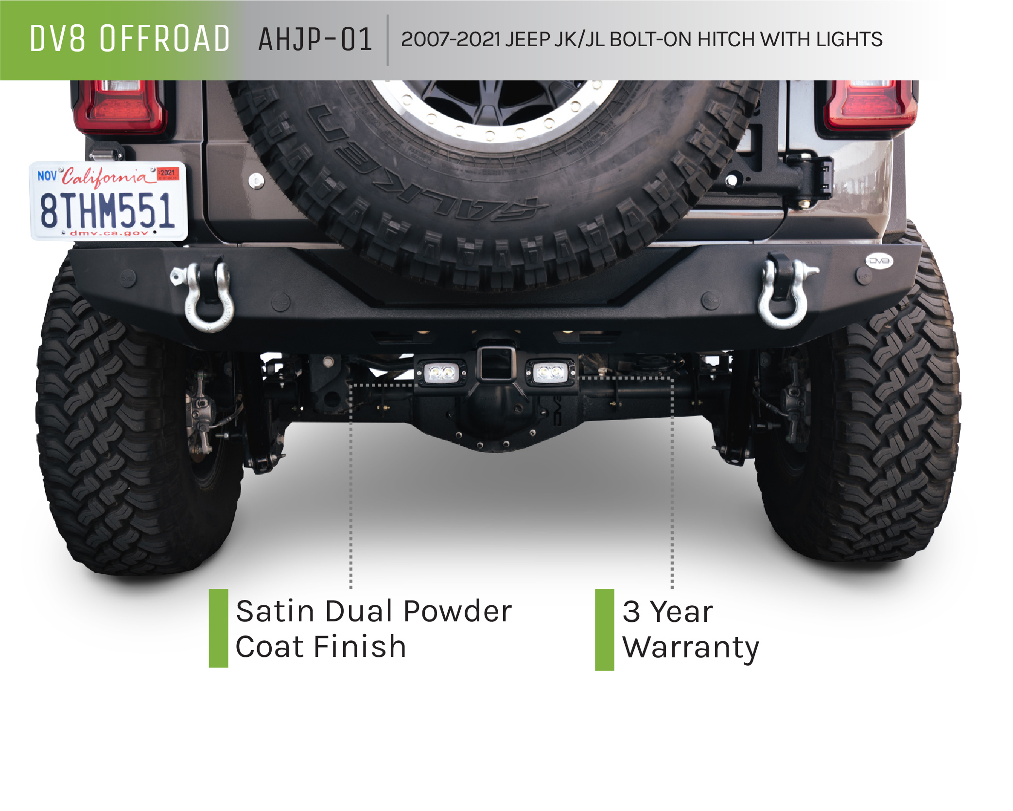 DV8 Offroad AHJP-02 07-22 JEEP WRANGLER JK/JL BOLT ON HITCH WITH CUBE LIGHTS AHJP-01