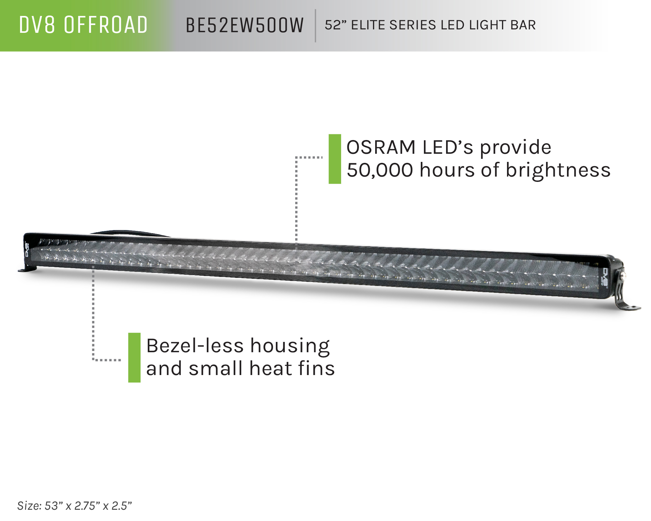 DV8 Offroad UNIVERSAL 52 INCH DUAL ROW LED LIGHT BAR WITH FLOOD/SPOT PATTERN AND SIDE MOUNTS BE52EW500W