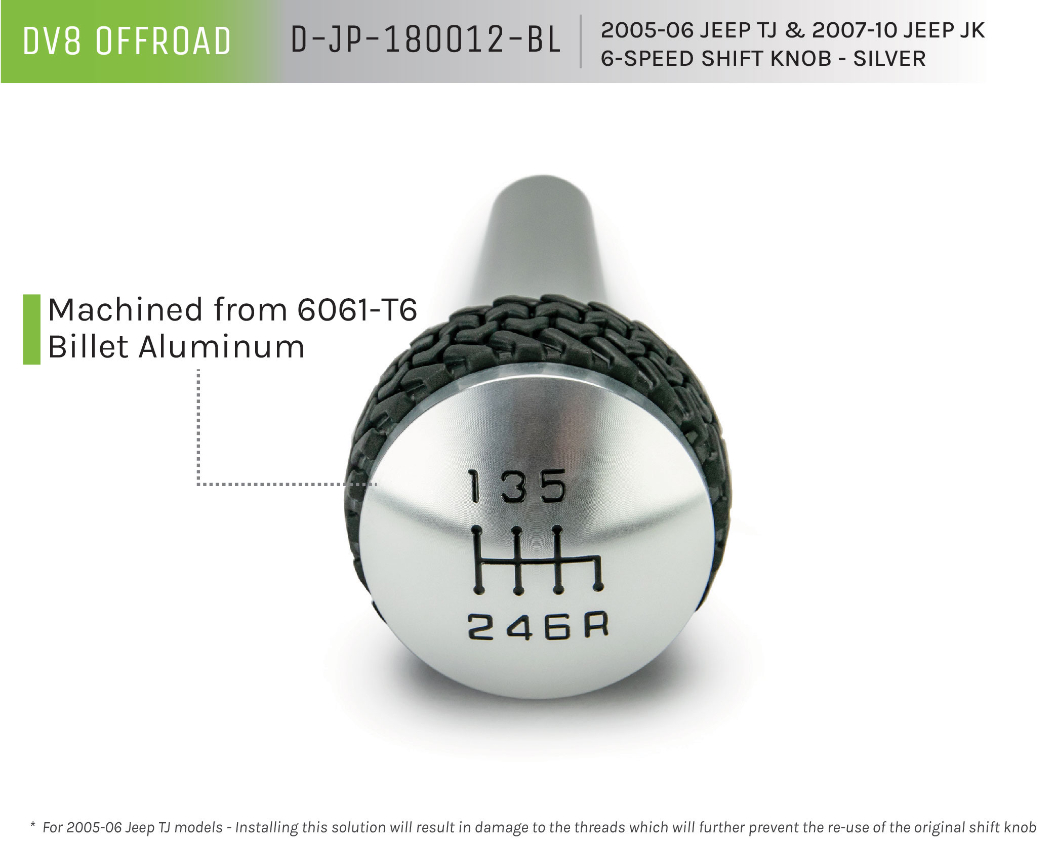 DV8 Offroad 6-Speed Shift Knob; Silver D-JP-180012-BL
