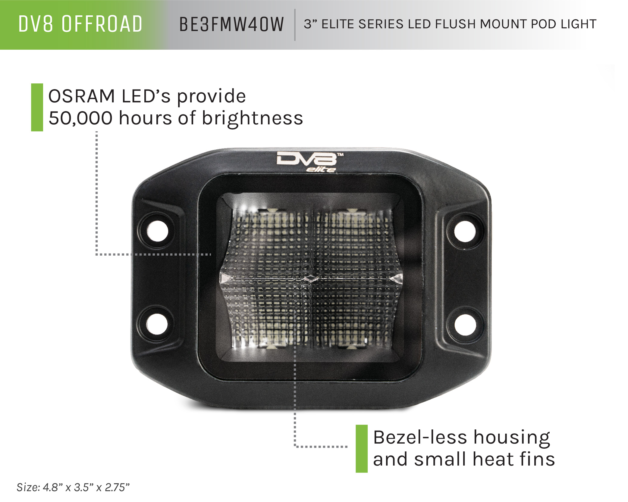 DV8 Offroad UNIVERSAL 3 in. CUBE LED LIGHT WITH FLOOD PATTERN AND FLUSH MOUNT PLATE BUILT IN BE3FMW40W