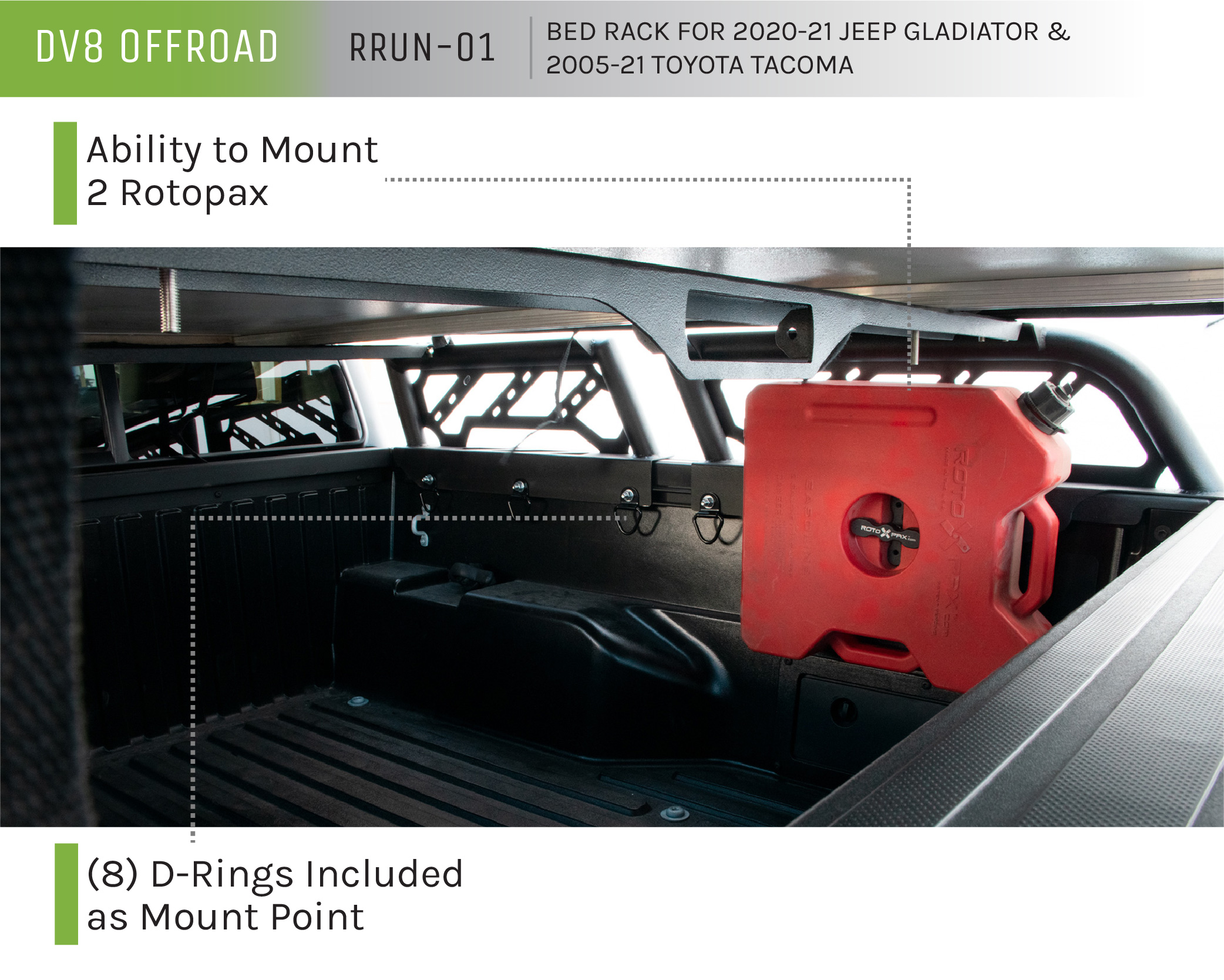 DV8 Offroad 20-22 JEEP GLADIATOR JT AND 15-21 TOYOTA TACOMA 2PC ADJUSTABLE OVERLAND RACK RRUN-01