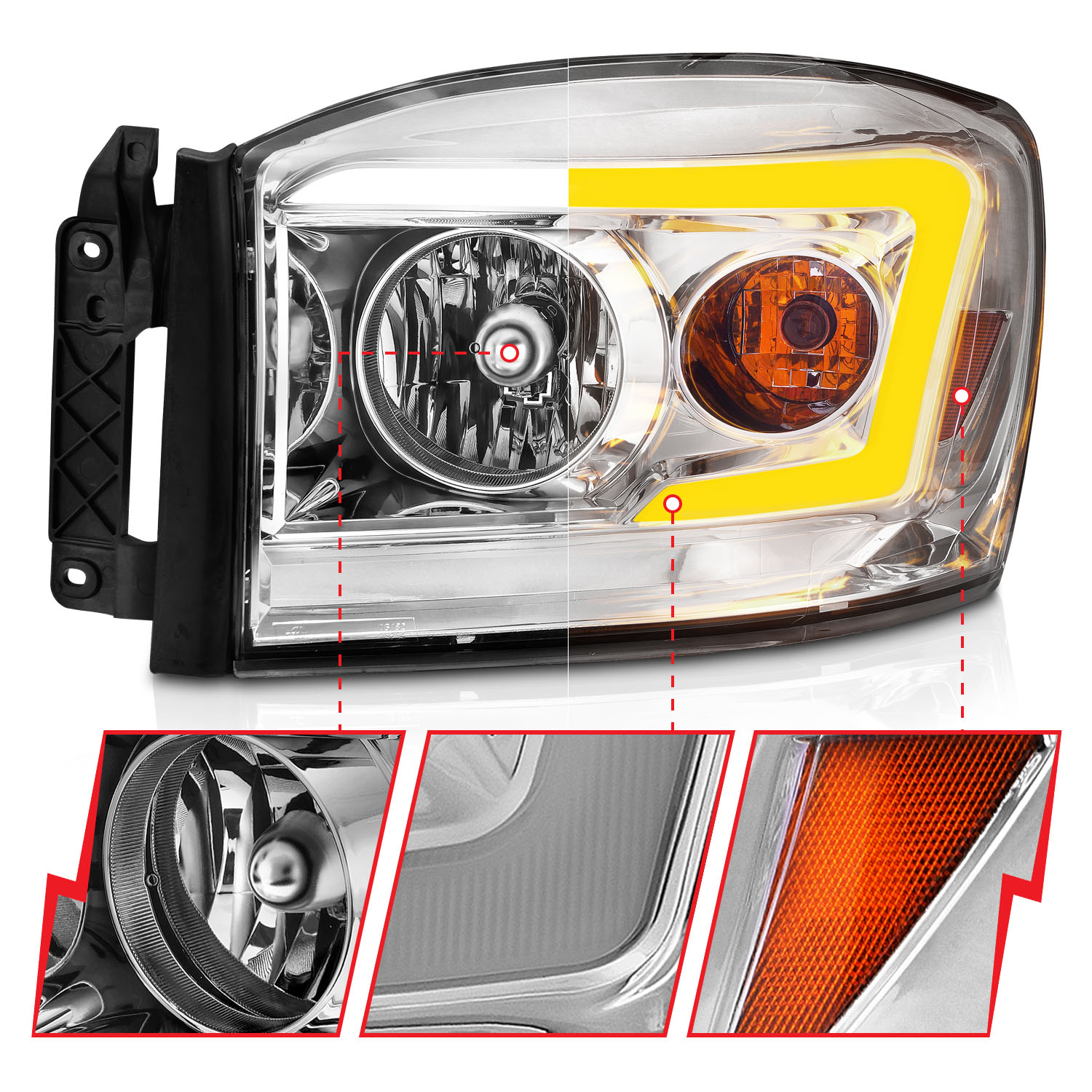 ANZO USA CRYSTAL HEADLIGHT W/ LIGHT BAR SWITCHBACK CHROME HOUSING CLEAR LENS 111527