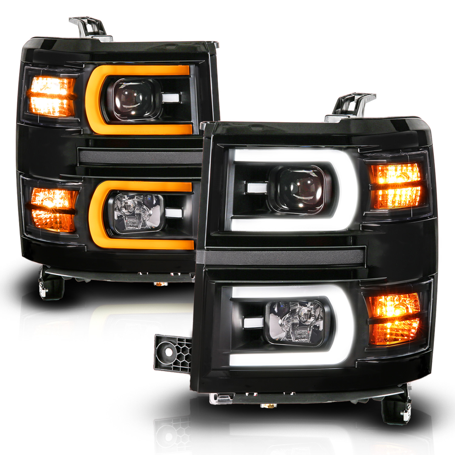 ANZO USA Black Housing Dual Switchback+Sequential LED Tube Square Projector Headlights 111617