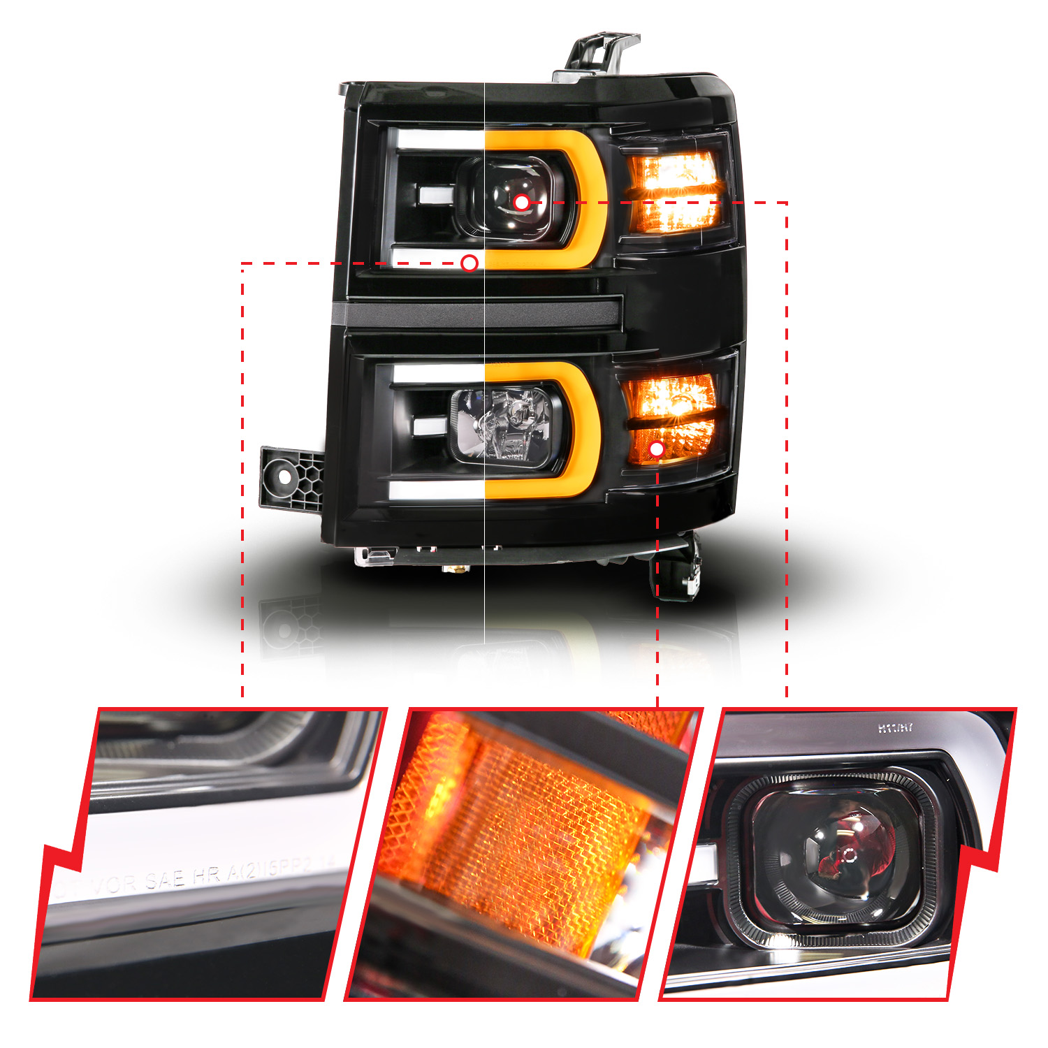 ANZO USA Black Housing Dual Switchback+Sequential LED Tube Square Projector Headlights 111617