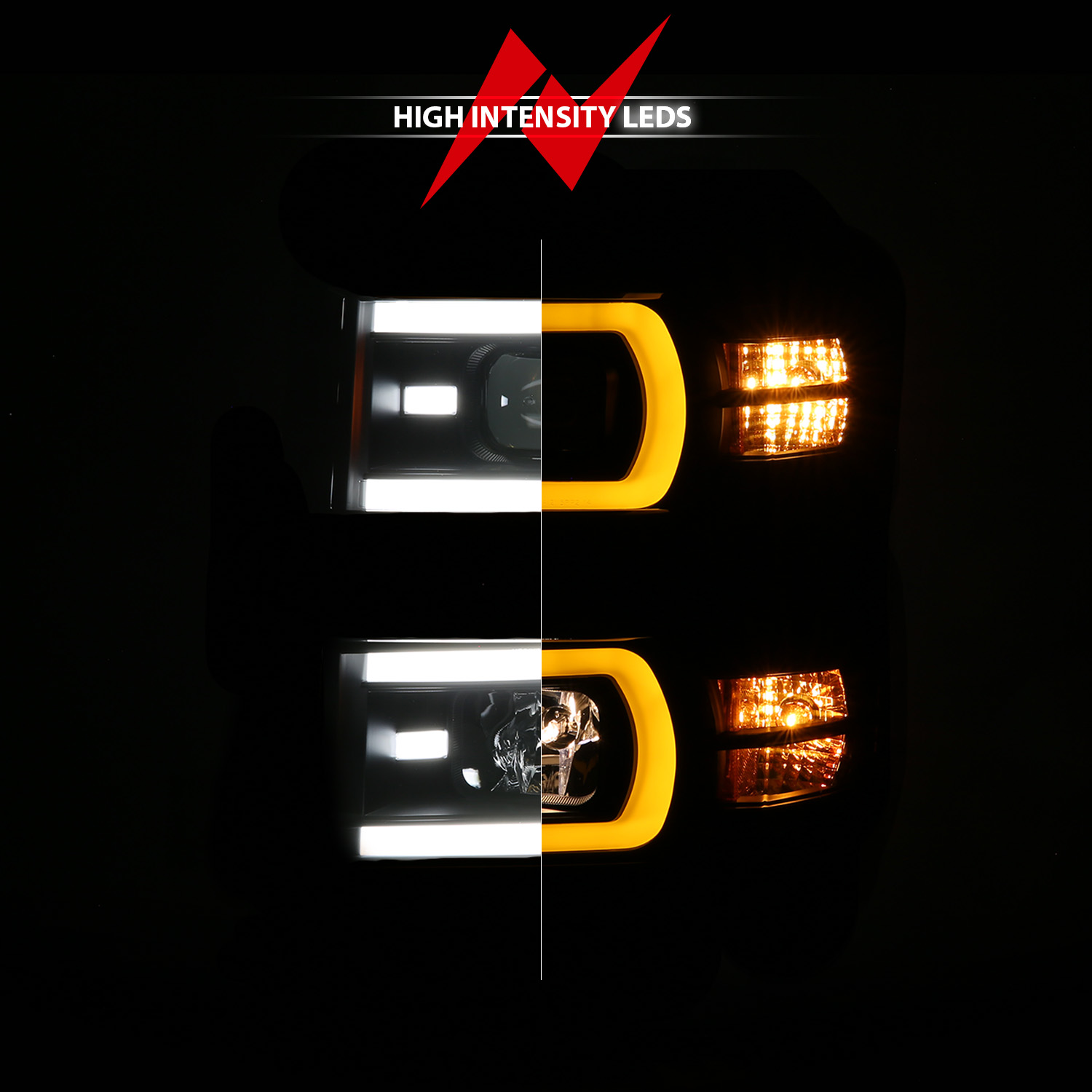 ANZO USA Black Housing Dual Switchback+Sequential LED Tube Square Projector Headlights 111617