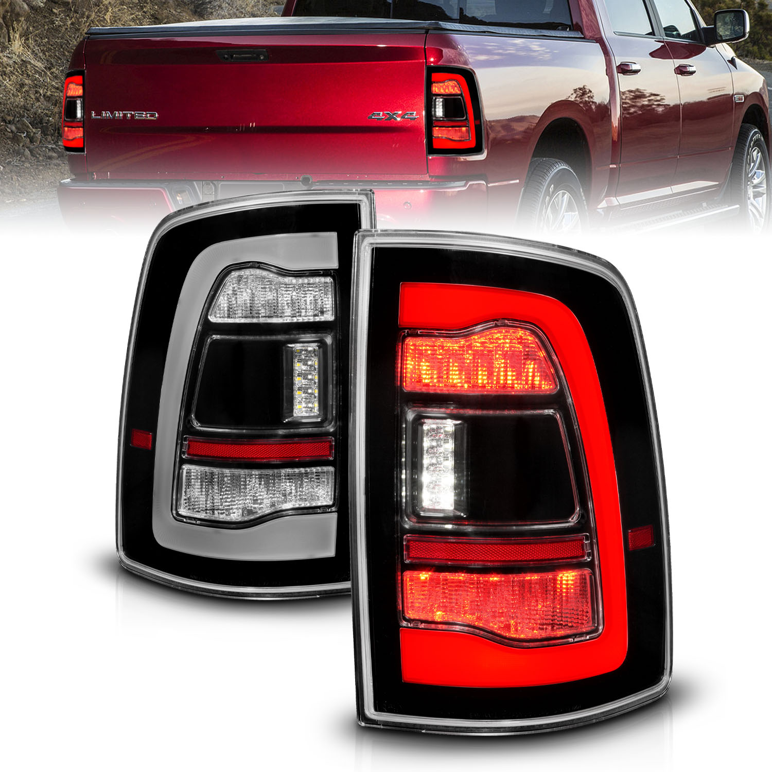 ANZO USA RAM 1500 09-18, 2500/3500 10-18 LED TAIL LIGHTS BLACK CLEAR LENS W/ SQTL SIGNAL 311469