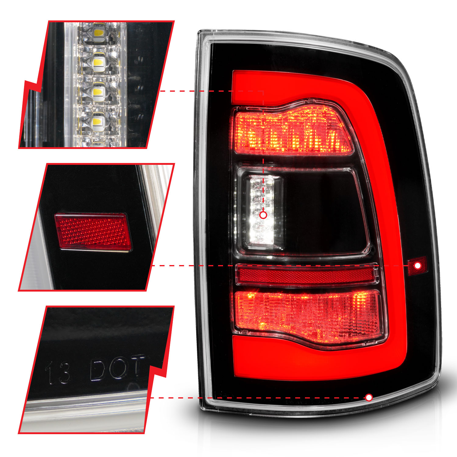 ANZO USA RAM 1500 09-18, 2500/3500 10-18 LED TAIL LIGHTS BLACK CLEAR LENS W/ SQTL SIGNAL 311469