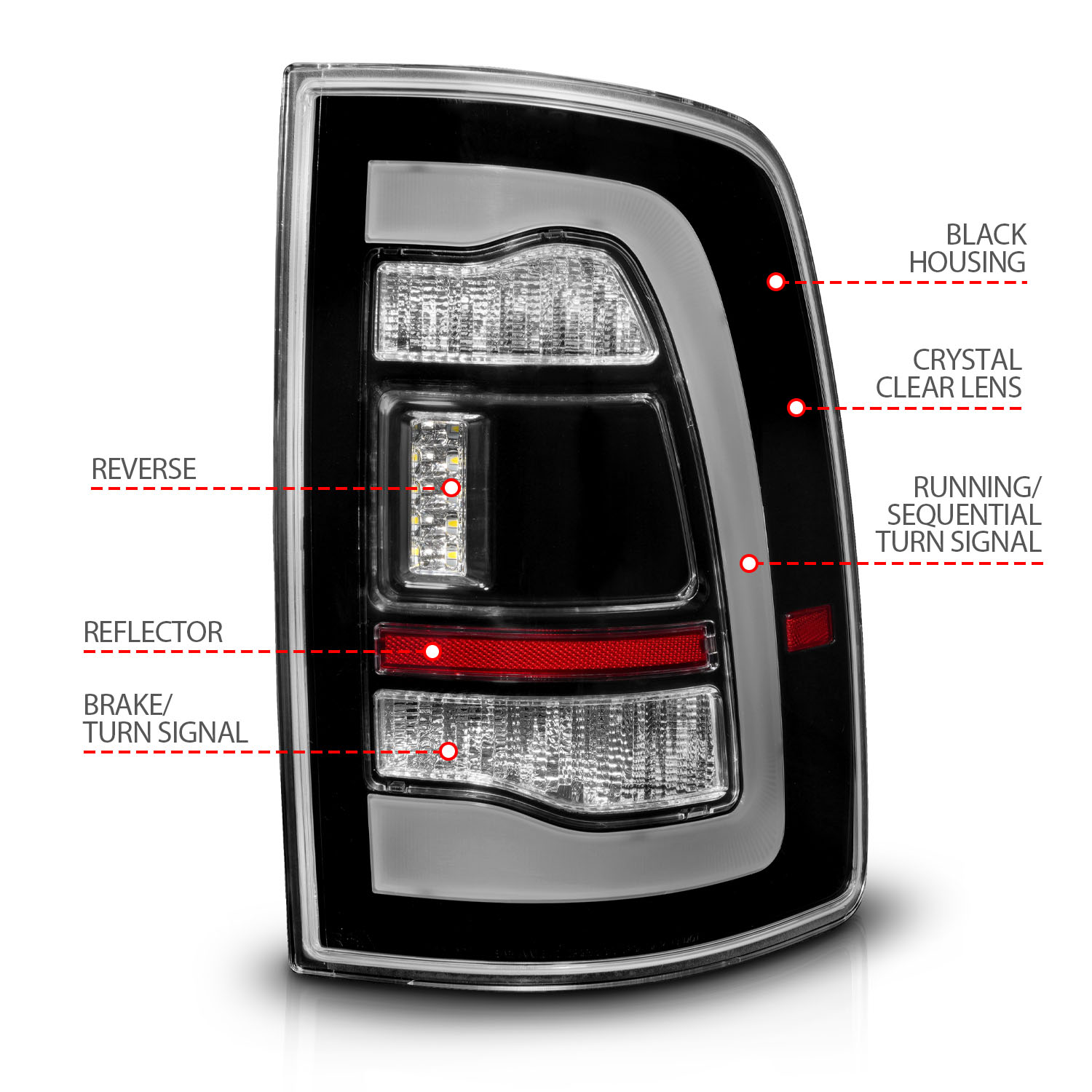 ANZO USA RAM 1500 09-18, 2500/3500 10-18 LED TAIL LIGHTS BLACK CLEAR LENS W/ SQTL SIGNAL 311469