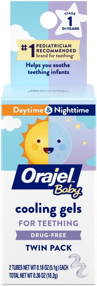Orajel Baby Daytime & Nighttime Cooling Gels for Teething, Drug – Free, #1 Pediatrician Recommended Brand for Teething*, Two 0.18oz Tubes Orajel Baby Daytime & Nighttime Cooling Gels for Teething, Drug – Free, #1 Pediatrician Recommended Brand for Teething*, Two 0.18oz Tubes
