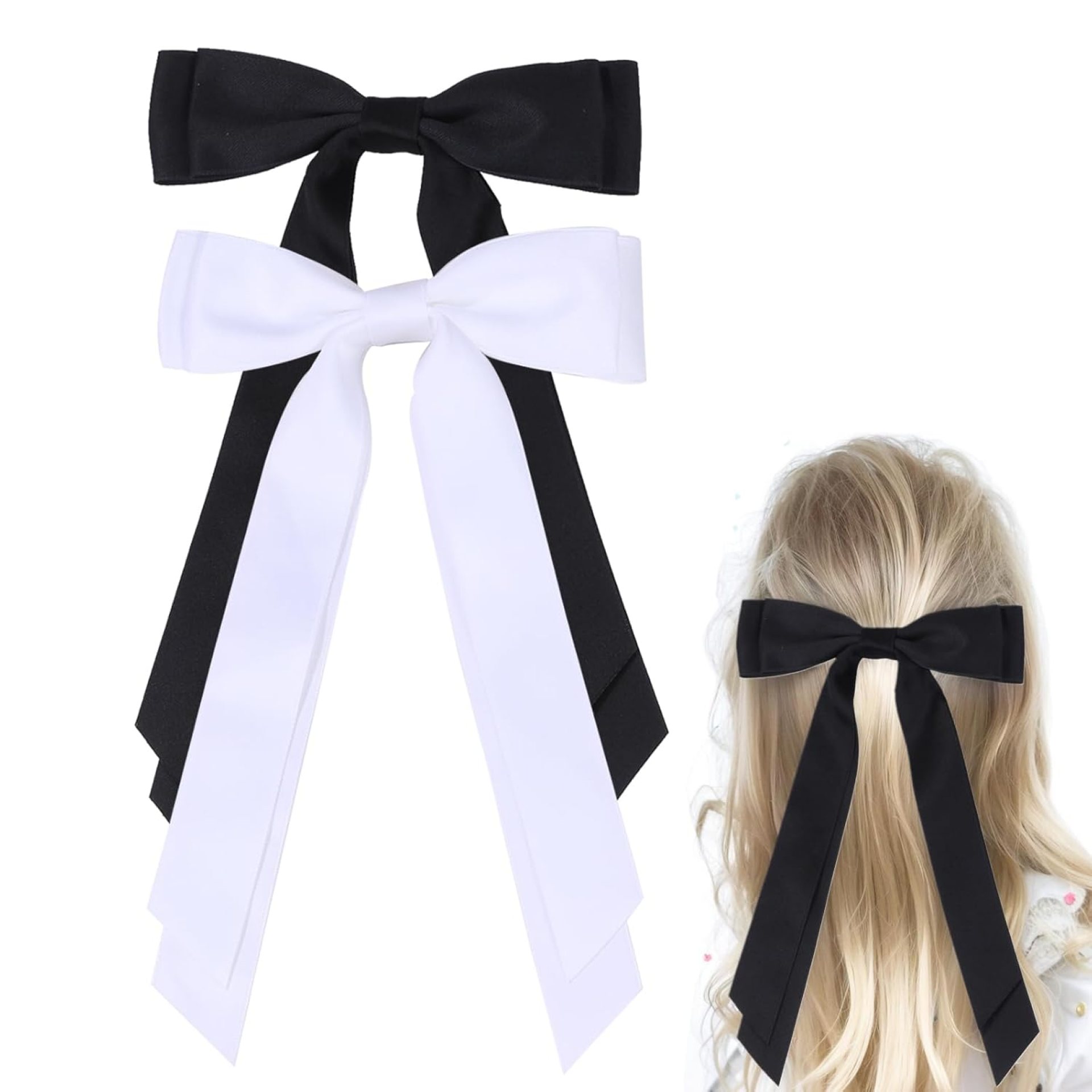 Satin Bow Hair Clips for Women, Silkly Satin Black White Hair Ribbon Bow with Long Tail Hair Accessories for Girls (Black White) Satin Bow Hair Clips for Women, Silkly Satin Black White Hair Ribbon Bow with Long Tail Hair Accessories for Girls (Black White)