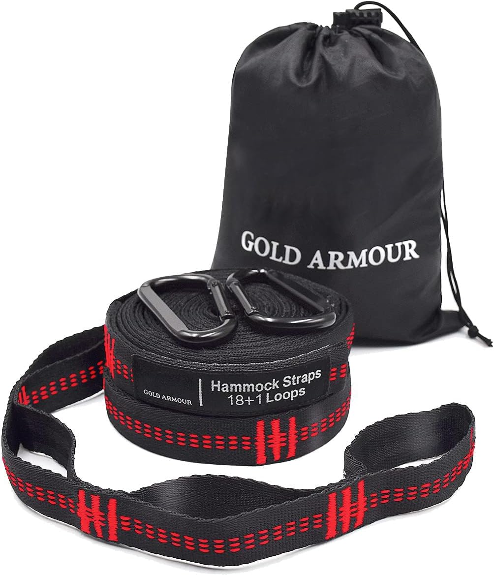 Gold Armour Hammock Straps XL Combined 20 Ft Long, 36 Loops with 2 Carabiners – Must Have Camping Hammock Accessories & Gear to Hang Camping Hammocks (Black with Red Stitching) Gold Armour Hammock Straps XL Combined 20 Ft Long, 36 Loops with 2 Carabiners – Must Have Camping Hammock Accessories & Gear to Hang Camping Hammocks (Black with Red Stitching)