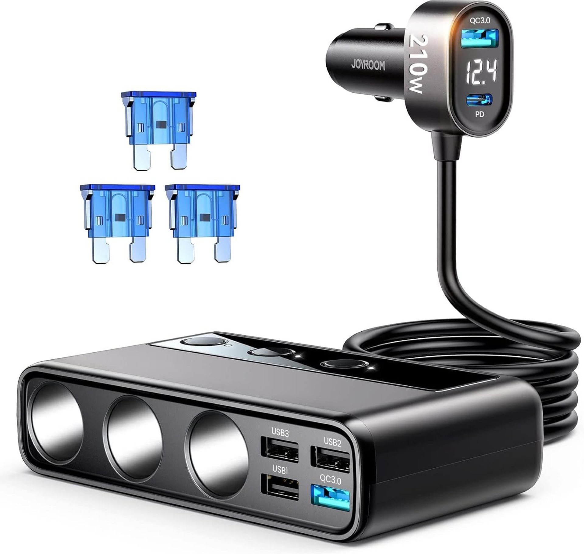 9 in 1 Cigarette Lighter Splitter, JOYROOM 210W Cigarette Lighter Adapter with PD/QC 3.0 * 2 Charge(3.3FT Cable), 12V/24V Independent Switches DC Cigarette Outlet Car Charger for All Car Devices 9 in 1 Cigarette Lighter Splitter, JOYROOM 210W Cigarette Lighter Adapter with PD/QC 3.0 * 2 Charge(3.3FT Cable), 12V/24V Independent Switches DC Cigarette Outlet Car Charger for All Car Devices
