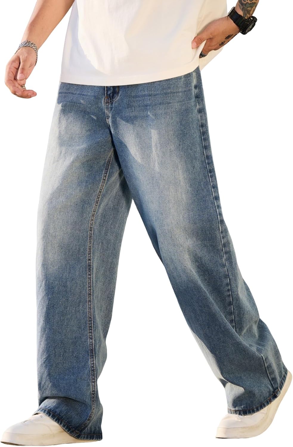 Mens Baggy Jeans Distressed Wide Leg Denim Pants Casual Loose Fit Trousers Streetwear Mens Baggy Jeans Distressed Wide Leg Denim Pants Casual Loose Fit Trousers Streetwear