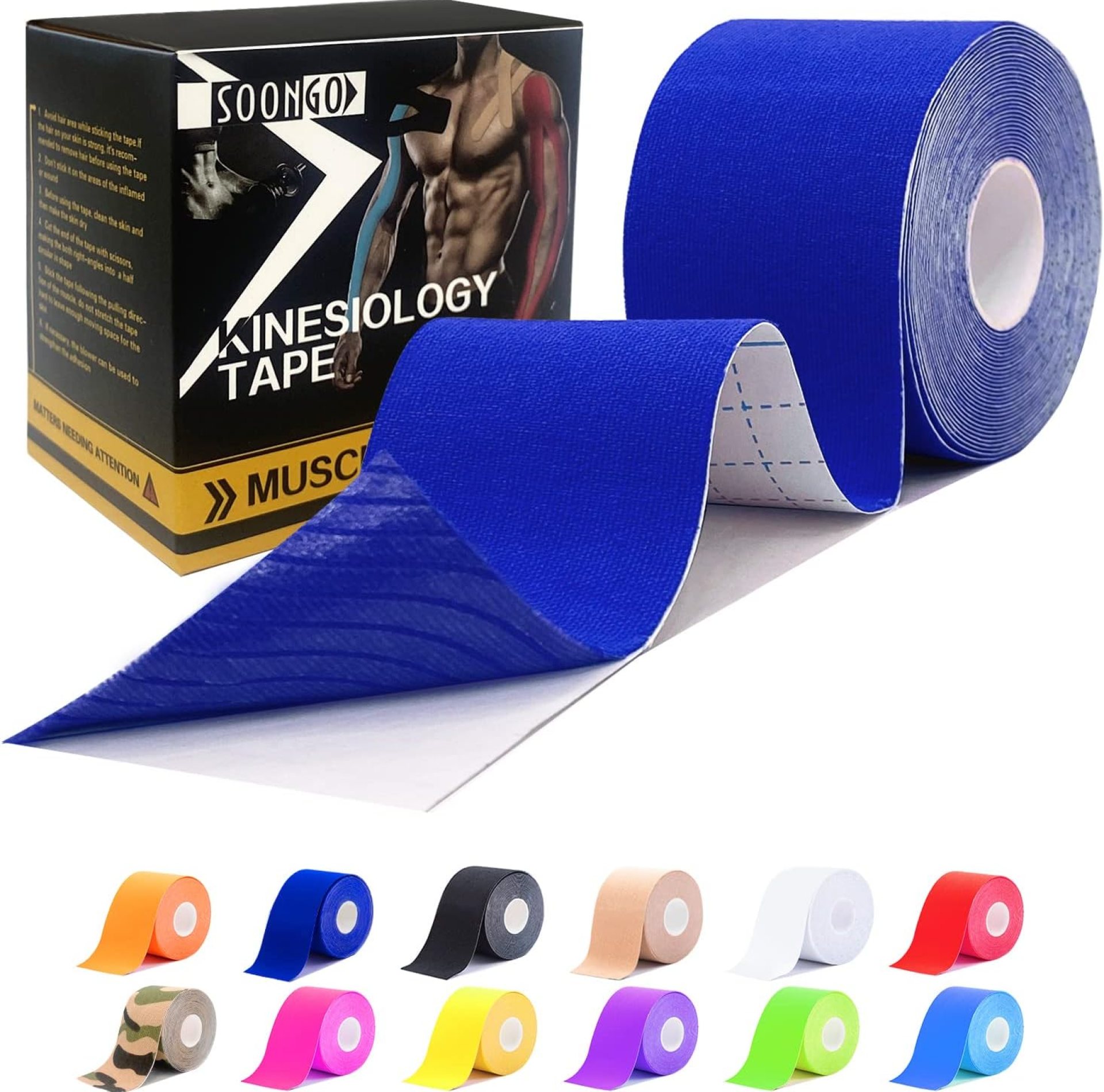 Kinesiology Tape 1/2 /5 Rolls Soreness and Strain Elastic Waterproof Good Air Permeability Hypoallergenic 1 Roll 2 inch x 16 Foot Dark Blue by SOON GO Kinesiology Tape 1/2 /5 Rolls Soreness and Strain Elastic Waterproof Good Air Permeability Hypoallergenic 1 Roll 2 inch x 16 Foot Dark Blue by SOON GO