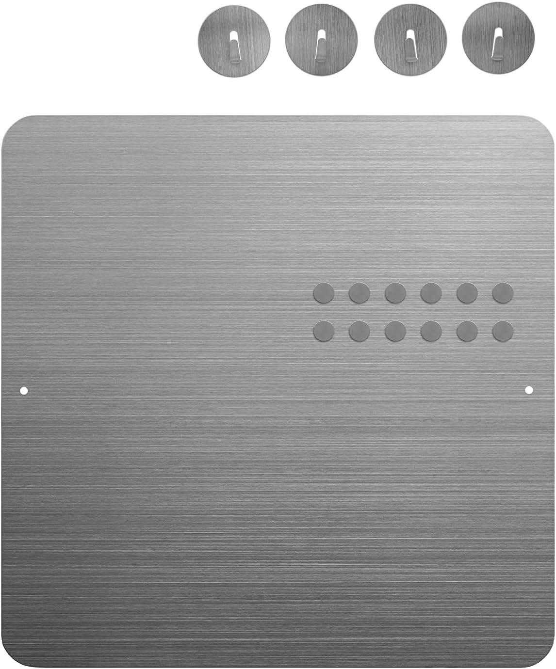 Three by Three Seattle 12 x 12 Inch Metal Frameless Magnetic Bulletin Board with 4 Magnet Hooks for Memos, Photos, Lists, and More in Office, Home, or School Décor (Stainless Steel) Three by Three Seattle 12 x 12 Inch Metal Frameless Magnetic Bulletin Board with 4 Magnet Hooks for Memos, Photos, Lists, and More in Office, Home, or School Décor (Stainless Steel)