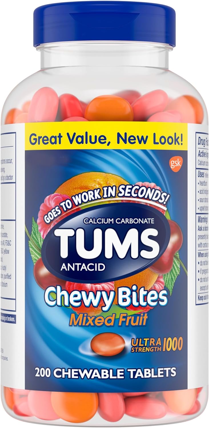 TUMS Chewy Bites Chewable Antacid Tablets for Ultra Strength Heartburn Relief, Great for a Summer BBQ- Mixed Fruit – 200 Count TUMS Chewy Bites Chewable Antacid Tablets for Ultra Strength Heartburn Relief, Great for a Summer BBQ- Mixed Fruit – 200 Count