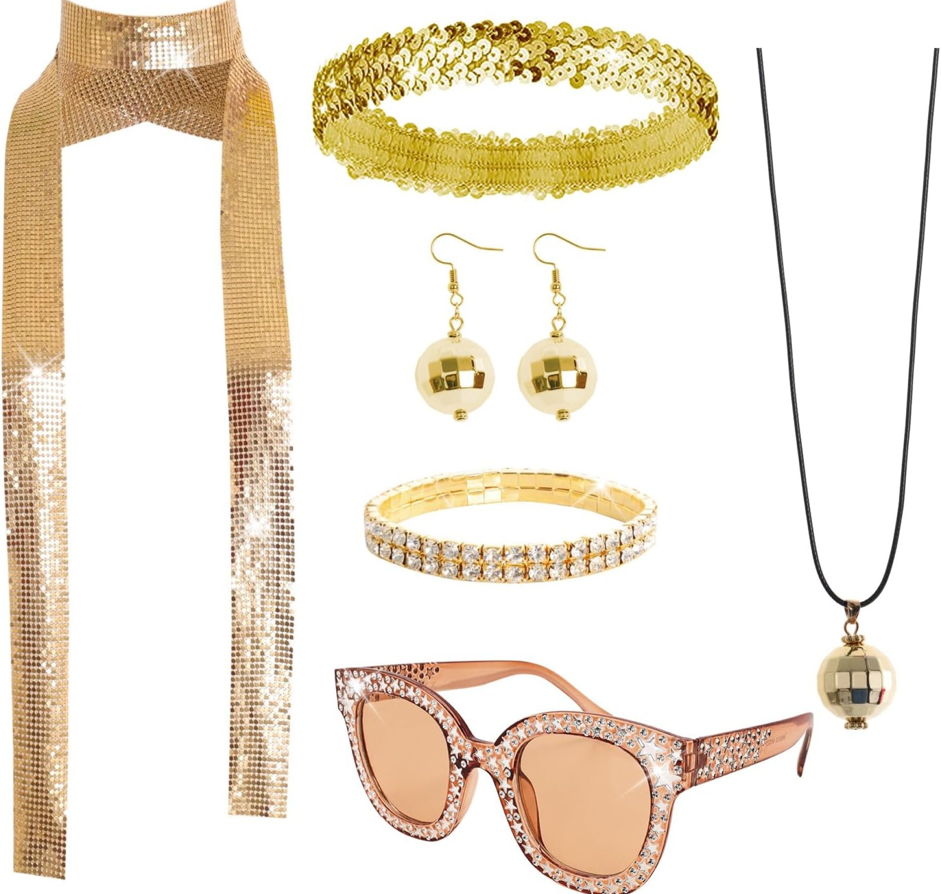 6 Pcs 70s Women Disco Accessories Disco Costume Disco Sequin Scarf Headband Diamond Bracelet Ball Necklace Earring Glasses 6 Pcs 70s Women Disco Accessories Disco Costume Disco Sequin Scarf Headband Diamond Bracelet Ball Necklace Earring Glasses