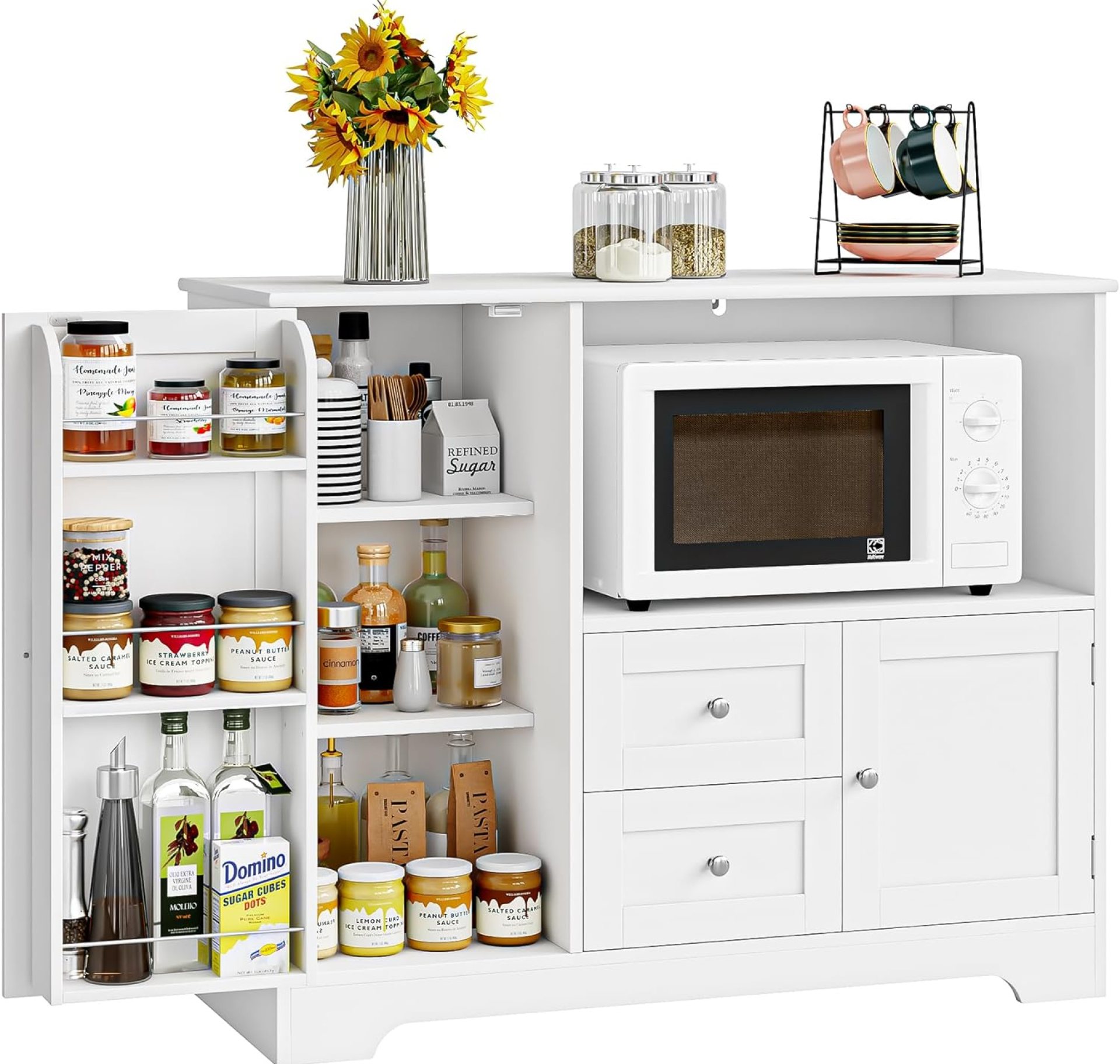 Buffet Cabinet with Microwave Stand, Kitchen Storage Cabinet with Door Shelf, Drawers and Adjustable Shelf, Kitchen Sideboard Cabinet with Storage Cabinet White Painted Buffet Cabinet with Microwave Stand, Kitchen Storage Cabinet with Door Shelf, Drawers and Adjustable Shelf, Kitchen Sideboard Cabinet with Storage Cabinet White Painted