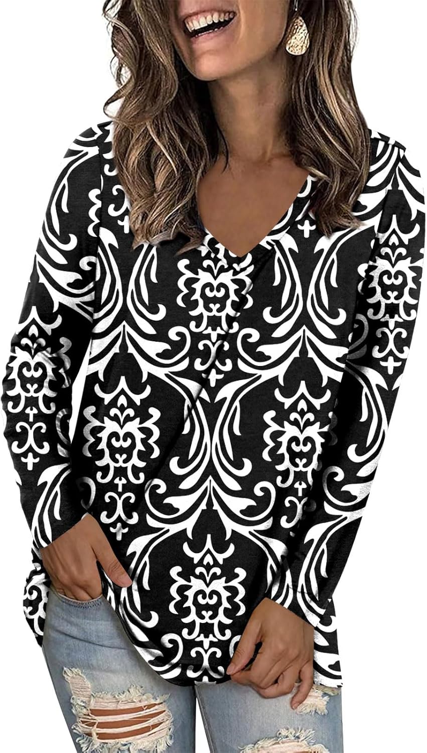 LONGYUAN Women Long Sleeve Tops Vneck Shirts Basic Loose Tunic Tops Casual 2025 Trendy Blouses LONGYUAN Women Long Sleeve Tops Vneck Shirts Basic Loose Tunic Tops Casual 2025 Trendy Blouses