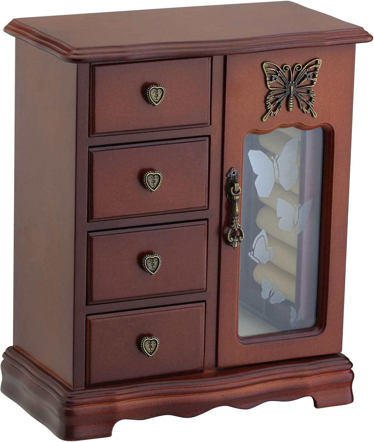 RR ROUND RICH DESIGN Solid Wooden Jewelry Box Makeup and Organizer Women Ring Storage with 4-Drawers Built-in Necklace Carousel and Mirror Brown RR ROUND RICH DESIGN Solid Wooden Jewelry Box Makeup and Organizer Women Ring Storage with 4-Drawers Built-in Necklace Carousel and Mirror Brown