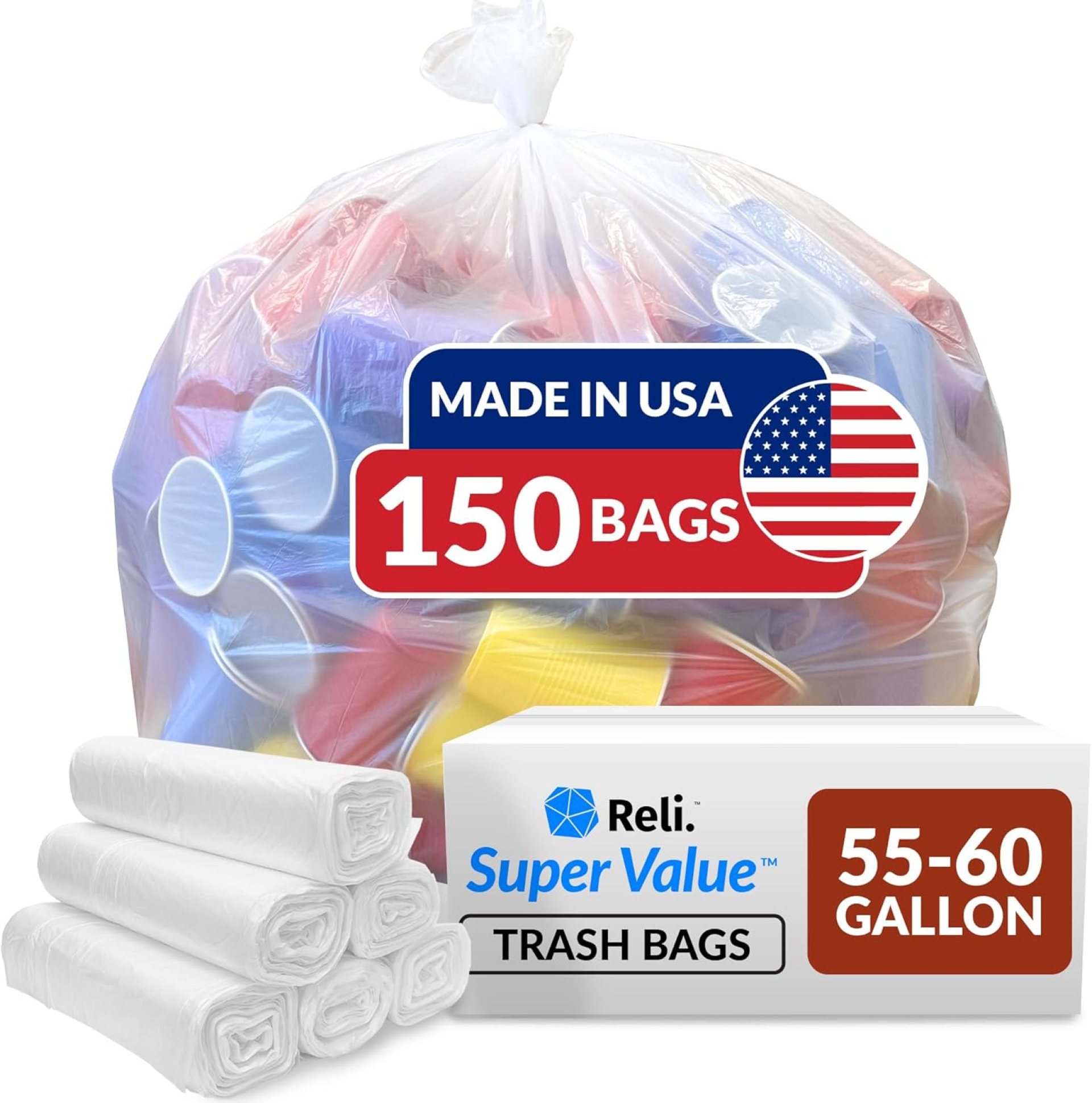 Reli. SuperValue Trash Bags (150 Count Bulk), Made in USA – Clear Heavy Duty 55 Gallon – 60 Gallon Garbage Bag Reli. SuperValue Trash Bags (150 Count Bulk), Made in USA – Clear Heavy Duty 55 Gallon – 60 Gallon Garbage Bag
