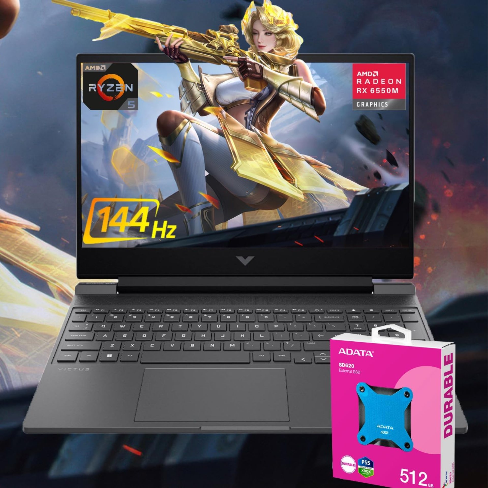 HP Victus Ryzen 5 Gaming Laptop, 15.6 FHD 144Hz, Ryzen 5 7535HS (Beats Intel i5-13420H), AMD Radeon RX 6550M (Beats NVIDIA GeForce RTX 3050), 32GB RAM, 1TB SSD, W11H, with 512GB External SSD Bundle HP Victus Ryzen 5 Gaming Laptop, 15.6 FHD 144Hz, Ryzen 5 7535HS (Beats Intel i5-13420H), AMD Radeon RX 6550M (Beats NVIDIA GeForce RTX 3050), 32GB RAM, 1TB SSD, W11H, with 512GB External SSD Bundle