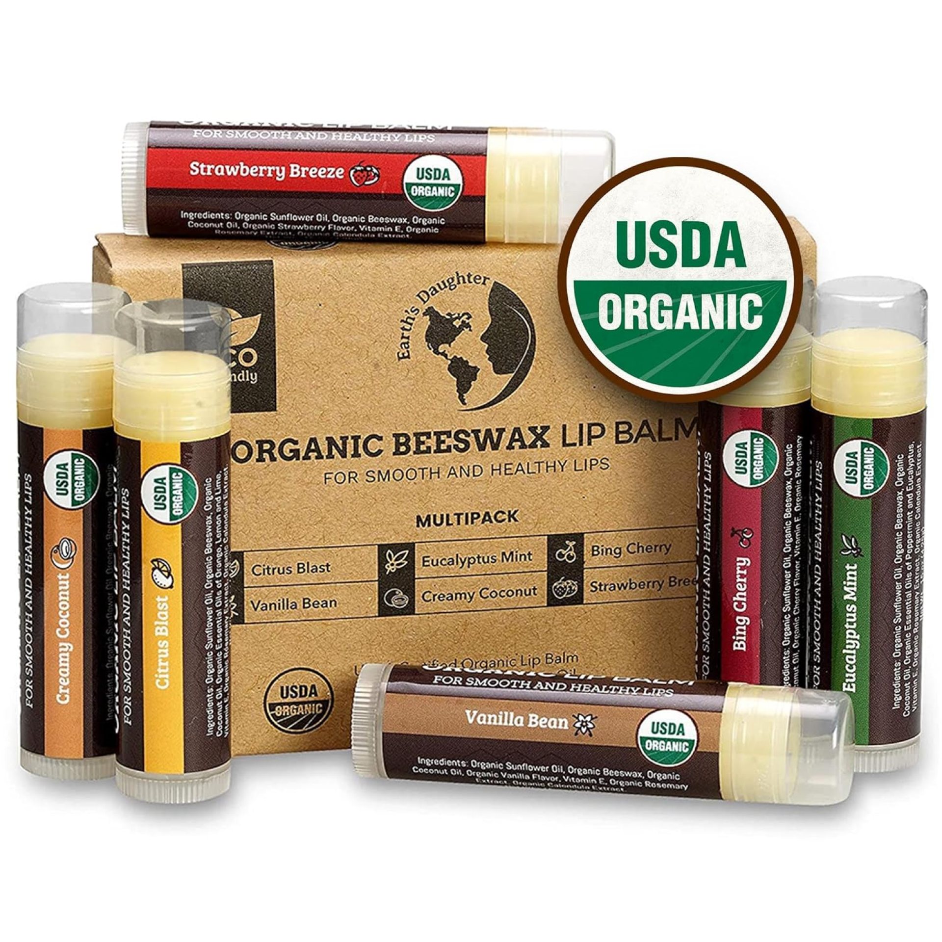 USDA Organic Lip Balm 6-Pack by Earth’s Daughter – Fruit Flavors, Beeswax, Coconut Oil, Vitamin E – Best Lip Repair Chapstick for Dry Cracked Lips – Moisturizing Lip Care USDA Organic Lip Balm 6-Pack by Earth’s Daughter – Fruit Flavors, Beeswax, Coconut Oil, Vitamin E – Best Lip Repair Chapstick for Dry Cracked Lips – Moisturizing Lip Care