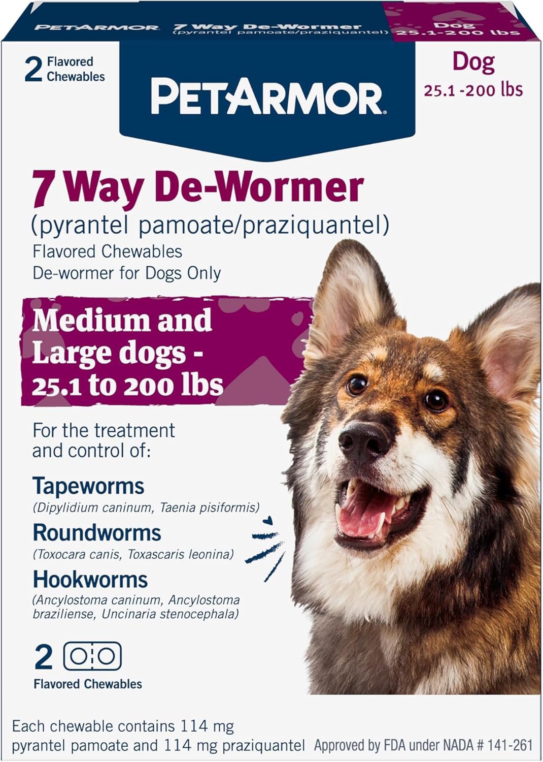 PetArmor 7 Way De-Wormer for Dogs, Oral Treatment for Tapeworm, Roundworm & Hookworm in Large Dogs & Puppies (Over 25 lbs), Worm Remover (Praziquantel & Pyrantel Pamoate), 2 Flavored Chewables PetArmor 7 Way De-Wormer for Dogs, Oral Treatment for Tapeworm, Roundworm & Hookworm in Large Dogs & Puppies (Over 25 lbs), Worm Remover (Praziquantel & Pyrantel Pamoate), 2 Flavored Chewables