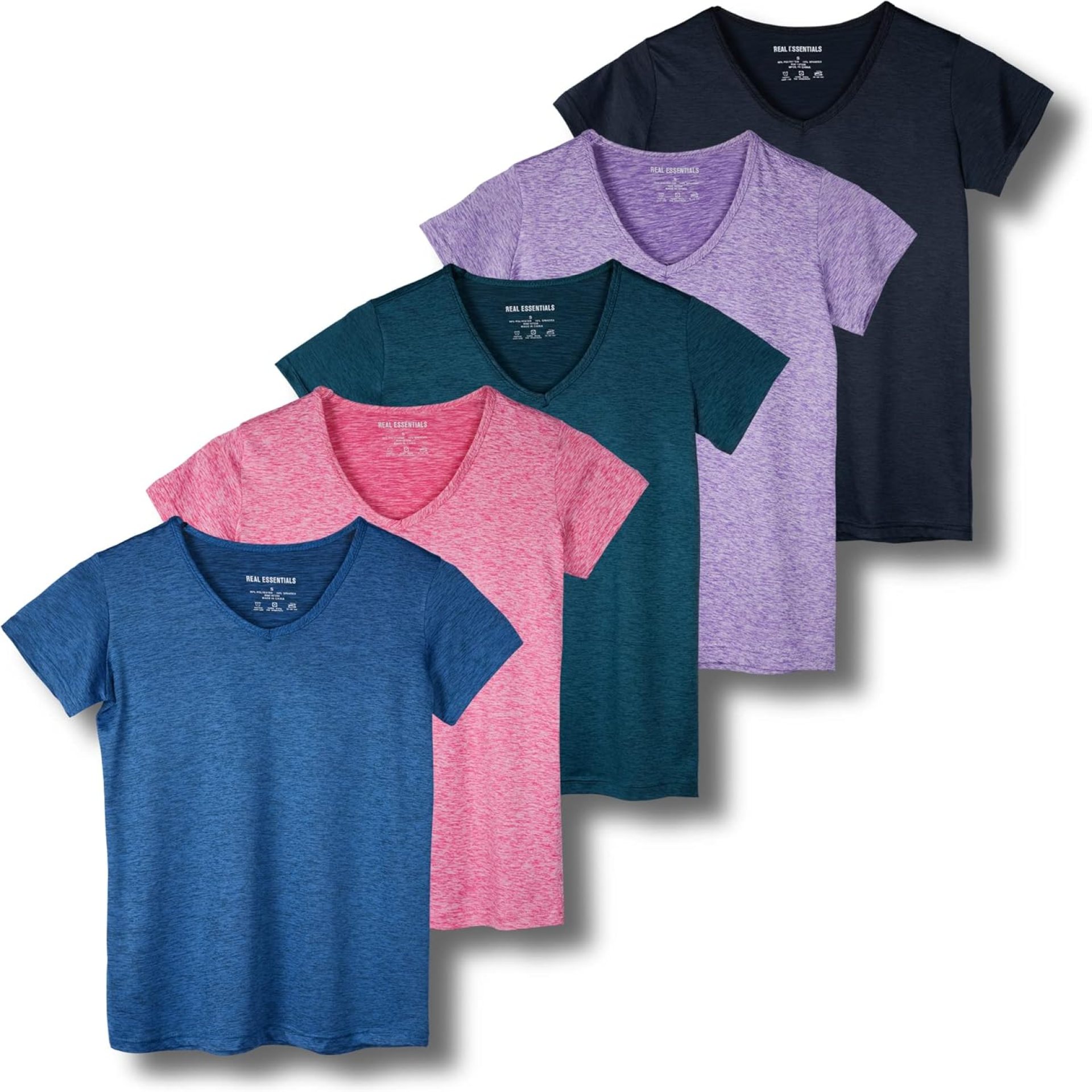 Real Essentials 5 Pack: Women’s Short Sleeve V-Neck Activewear T-Shirt Dry-Fit Wicking Yoga Top (Available in Plus) Real Essentials 5 Pack: Women’s Short Sleeve V-Neck Activewear T-Shirt Dry-Fit Wicking Yoga Top (Available in Plus)