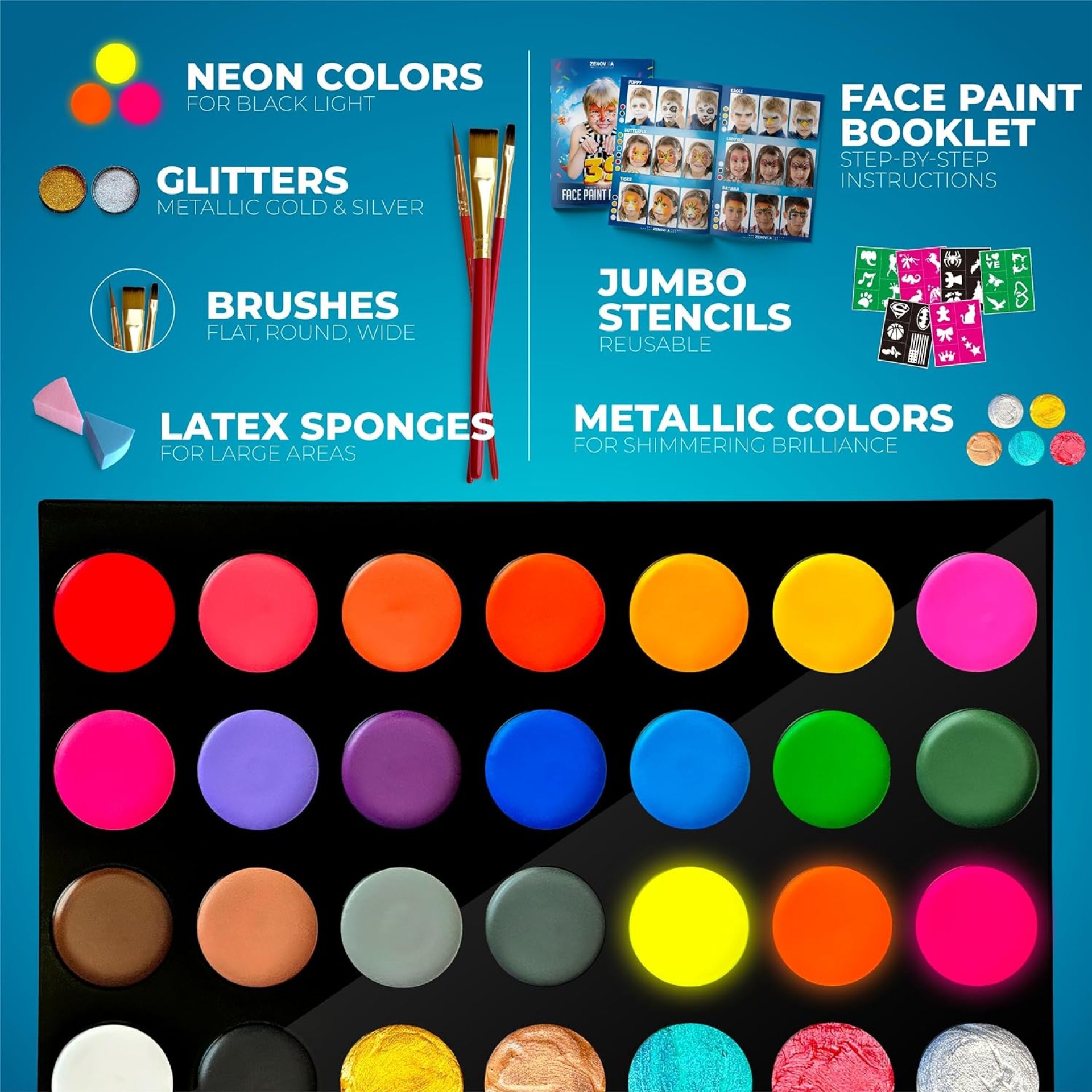 Face Painting Kit for Kids – 28 Colors Professional Face Paint Kit, Non-Toxic and Hypoallergenic, Stencils, Book, Halloween Makeup Kit – Safe and Easy to Use Face Paint Kit for Kids Face Painting Kit for Kids – 28 Colors Professional Face Paint Kit, Non-Toxic and Hypoallergenic, Stencils, Book, Halloween Makeup Kit – Safe and Easy to Use Face Paint Kit for Kids