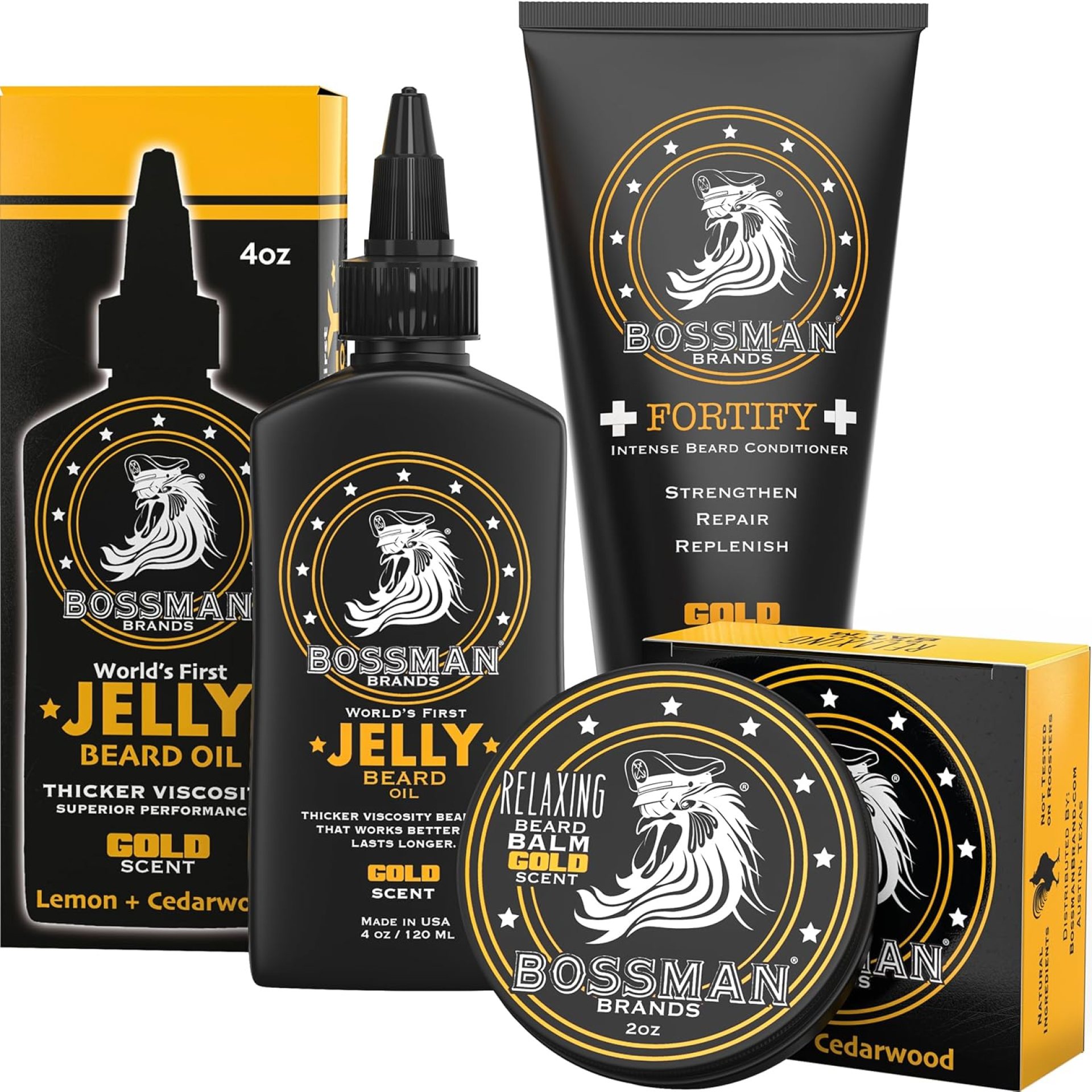 Bossman Essentials Beard Kit for Men – Beard Oil Jelly, Fortifying Conditioner Cream, Beard Balm – Grooming Growth Care Accessories (Gold) Bossman Essentials Beard Kit for Men – Beard Oil Jelly, Fortifying Conditioner Cream, Beard Balm – Grooming Growth Care Accessories (Gold)