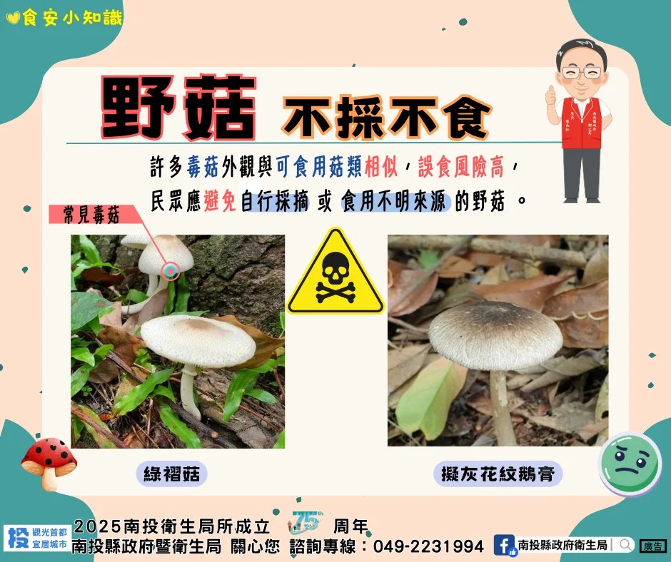 野生菇類勿亂採亂吃 縣府衛生局籲民眾留意食安風險 野生菇類勿亂採亂吃 縣府衛生局籲民眾留意食安風險