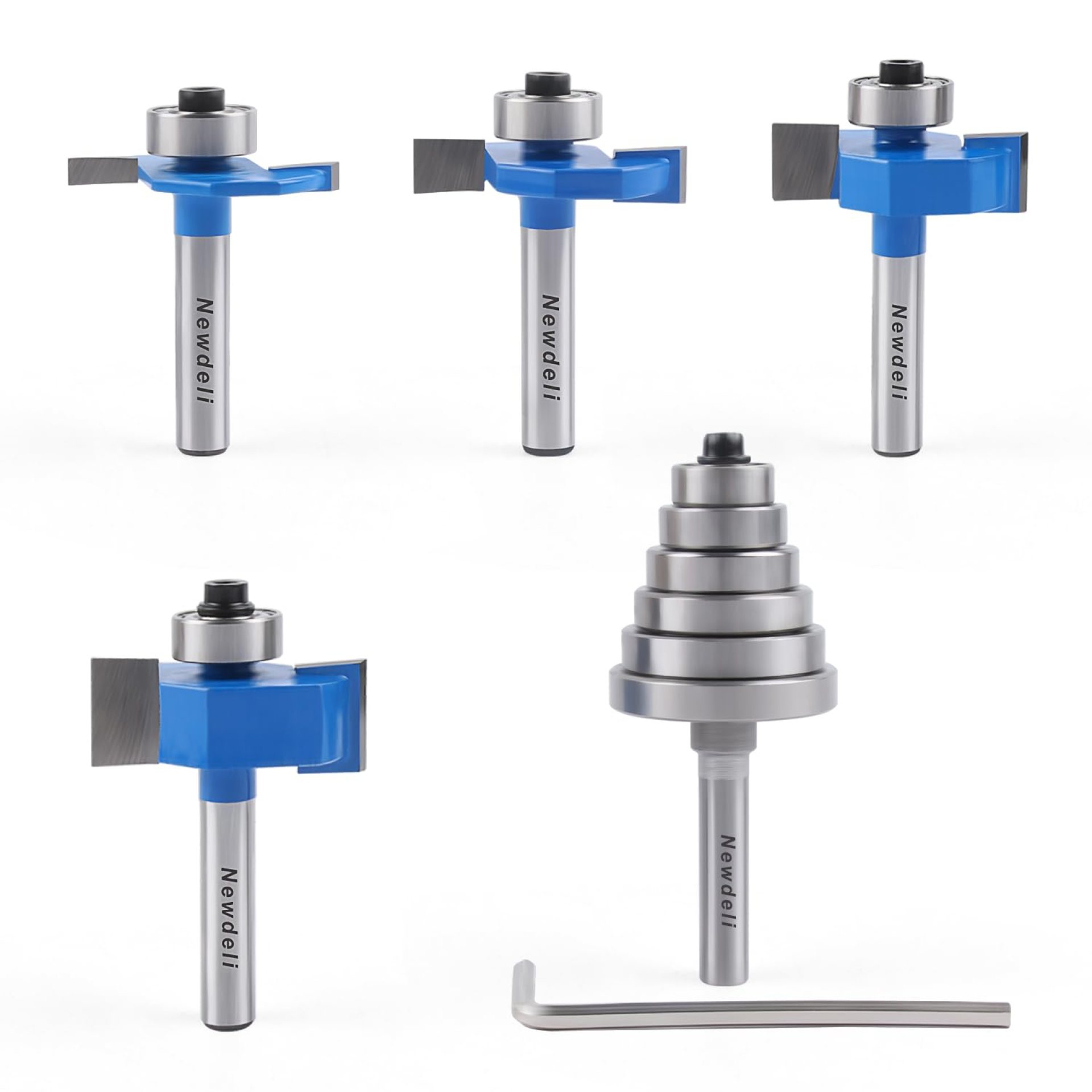 Newdeli Rabbet Router Bit Set 1/4 Inch Shank – 4Pcs Rabbeting Router Bits(1/8″,1/4″,3/8″, 1/2″ Height) with 6 Bearings Set (3/8″, 1/2″, 5/8″, 3/4″, 7/8″, 1-1/8″ Bearings) – Wood Biscuit Slot Cutters Newdeli Rabbet Router Bit Set 1/4 Inch Shank – 4Pcs Rabbeting Router Bits(1/8″,1/4″,3/8″, 1/2″ Height) with 6 Bearings Set (3/8″, 1/2″, 5/8″, 3/4″, 7/8″, 1-1/8″ Bearings) – Wood Biscuit Slot Cutters