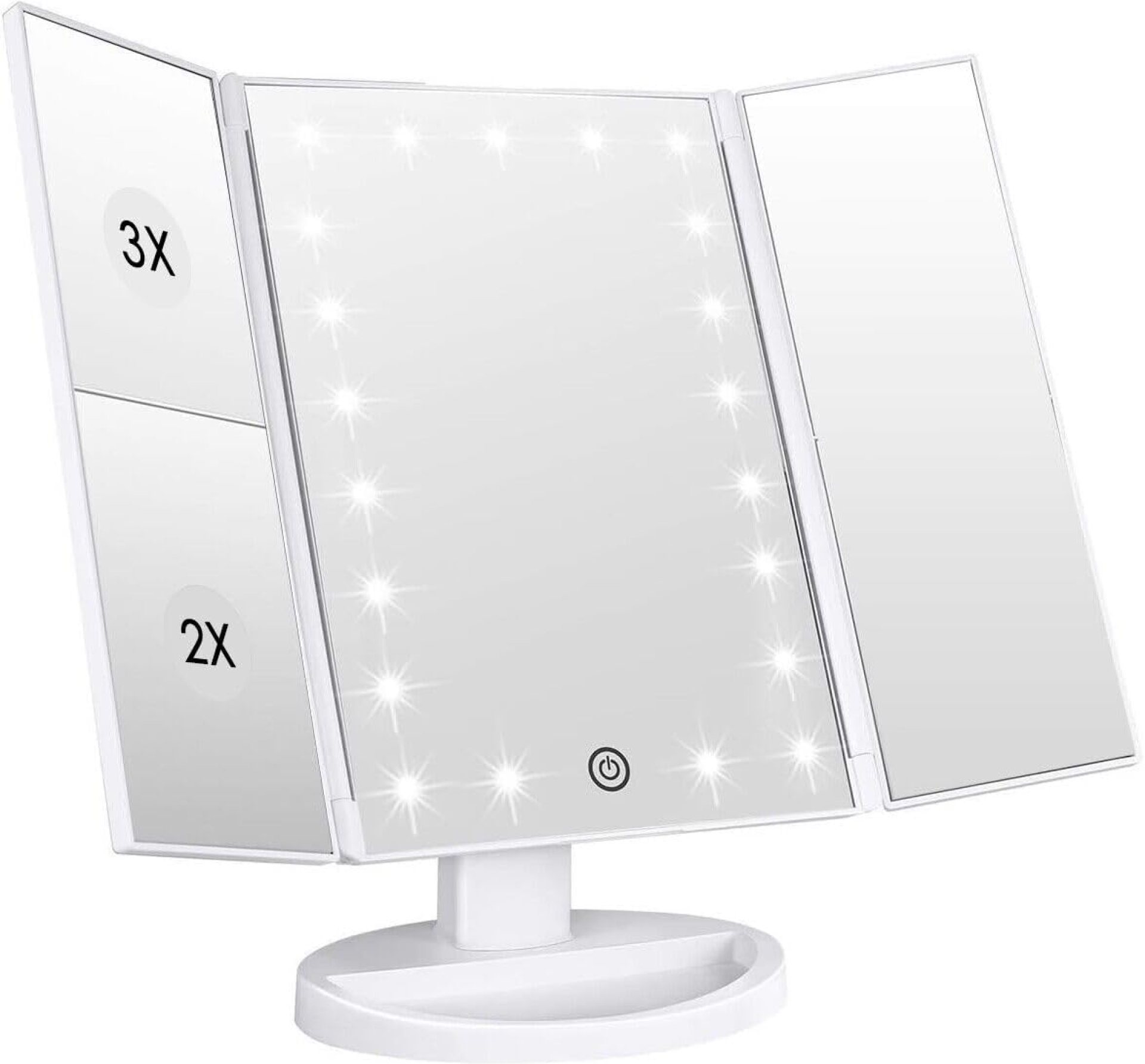 WEILY Makeup Vanity Mirror with 21 LED Lights and Touch Screen, Tri-Fold 1x 2X 3X Magnification,180° Adjustable Rotation and USB Powered,Countertop Cosmetic Mirror (White) WEILY Makeup Vanity Mirror with 21 LED Lights and Touch Screen, Tri-Fold 1x 2X 3X Magnification,180° Adjustable Rotation and USB Powered,Countertop Cosmetic Mirror (White)