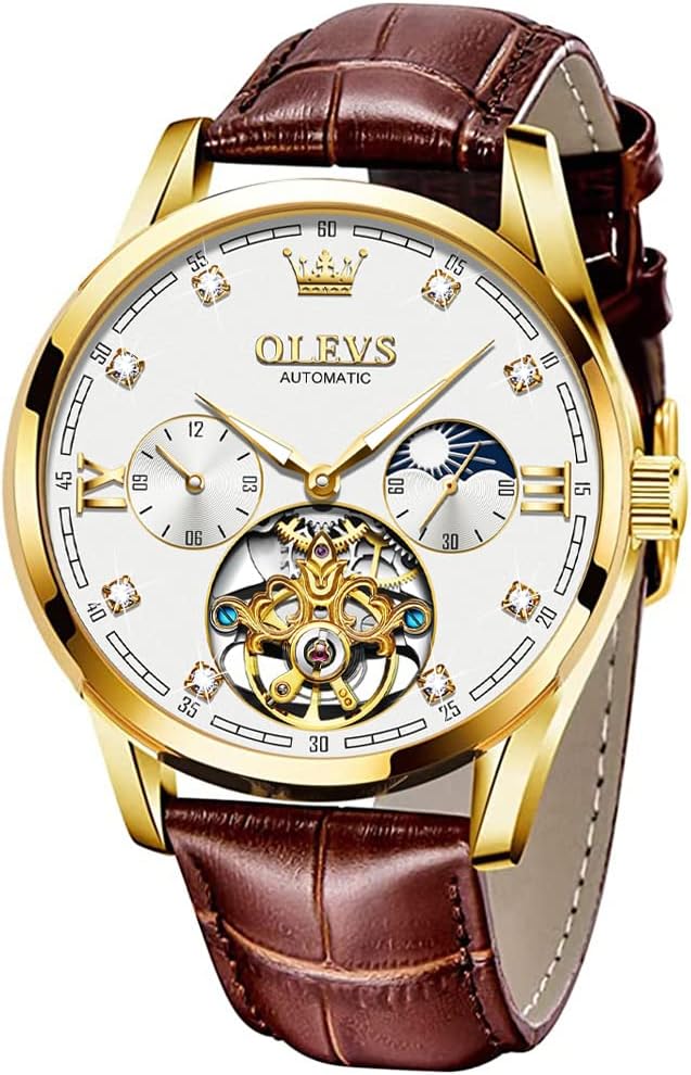 OLEVS Mens Leather Watches Automatic Mechanical Skeleton Tourbillon Diamond Luxury Self Winding Dress Wrist Watches Moon Phase Waterproof Luminous OLEVS Mens Leather Watches Automatic Mechanical Skeleton Tourbillon Diamond Luxury Self Winding Dress Wrist Watches Moon Phase Waterproof Luminous