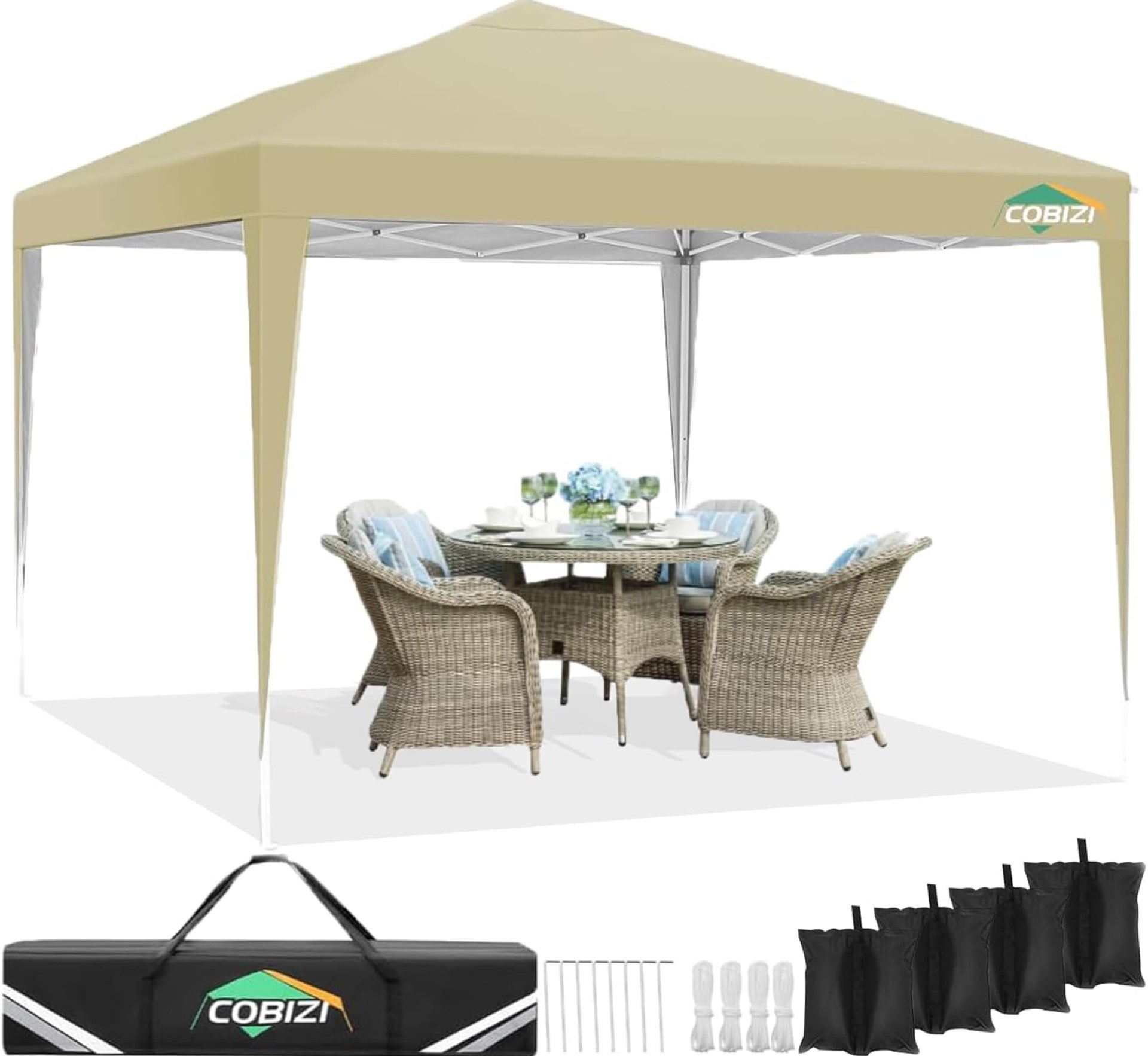 COBIZI 10×10 Ez Pop Up Canopy Tent, UPF 50+ Waterproof Outdoor Pop up Canopy, Instant Portable Camping Canopies Gazebo for Commercial Sun Shade Party Backyard with 4 Sandbags(Khaki) COBIZI 10×10 Ez Pop Up Canopy Tent, UPF 50+ Waterproof Outdoor Pop up Canopy, Instant Portable Camping Canopies Gazebo for Commercial Sun Shade Party Backyard with 4 Sandbags(Khaki)
