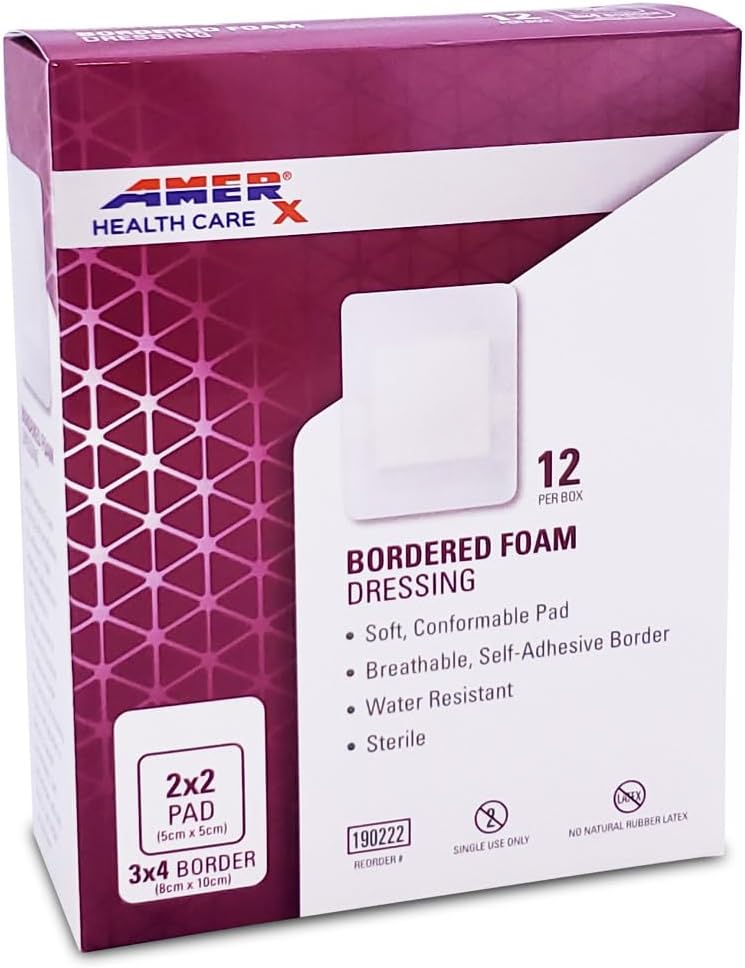 AMERX Bordered Foam – Adhesive Bandages – Highly Absorbent – Soft, Breathable, Bandages for Moderate to Heavy Draining Wounds AMERX Bordered Foam – Adhesive Bandages – Highly Absorbent – Soft, Breathable, Bandages for Moderate to Heavy Draining Wounds