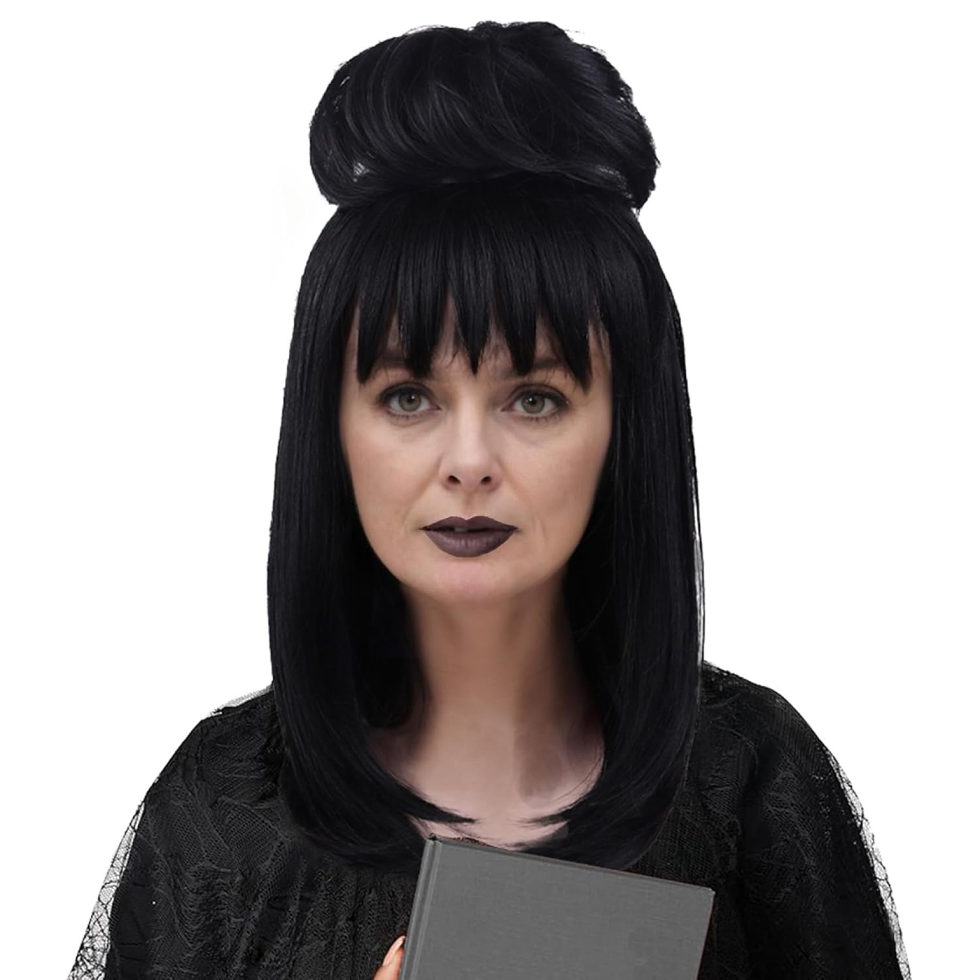 BERON Womens Black Wig with Detachable Bun Wig Girls Bangs Hair Wigs Halloween Costume Cosplay Party Wigs BERON Womens Black Wig with Detachable Bun Wig Girls Bangs Hair Wigs Halloween Costume Cosplay Party Wigs