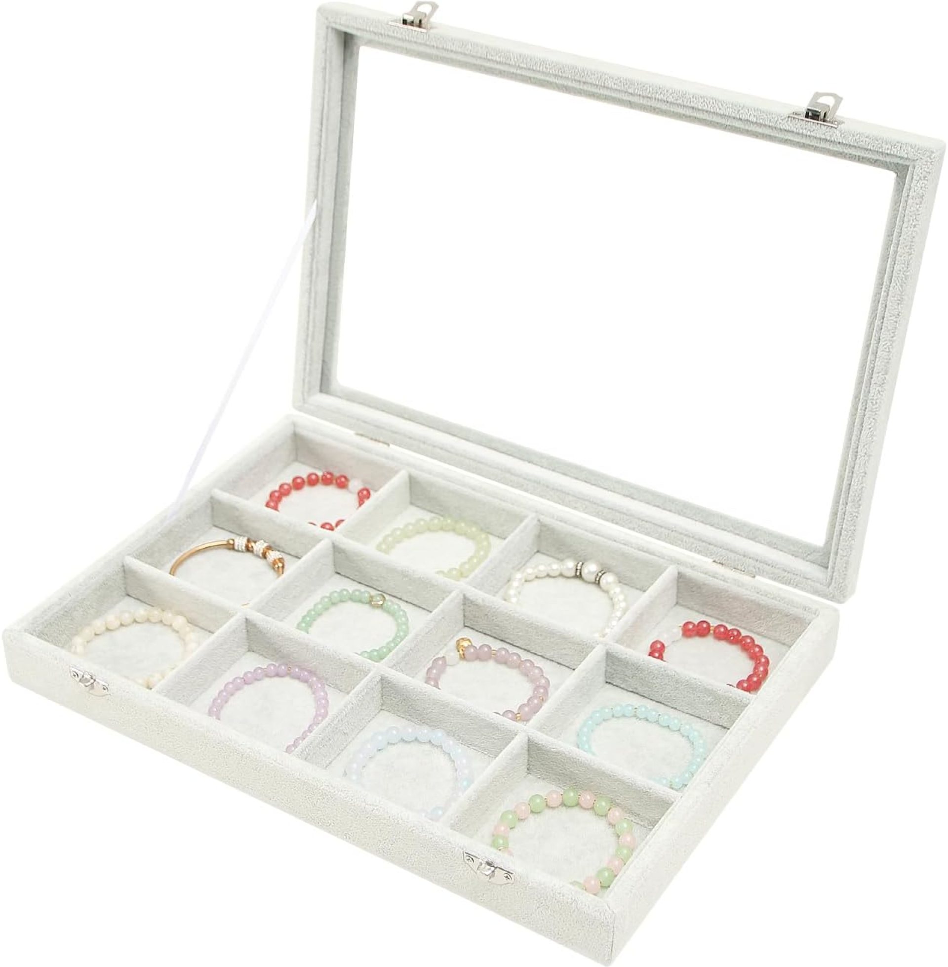 Coward Jewelry Organizer Tray Box, Grey Beige Velvet 12 Grids Bracelet Bangle Necklace Jewelry Display Tray Case with Transparent Glass Lid for Home Desk Drawer or Store Selling Show Coward Jewelry Organizer Tray Box, Grey Beige Velvet 12 Grids Bracelet Bangle Necklace Jewelry Display Tray Case with Transparent Glass Lid for Home Desk Drawer or Store Selling Show