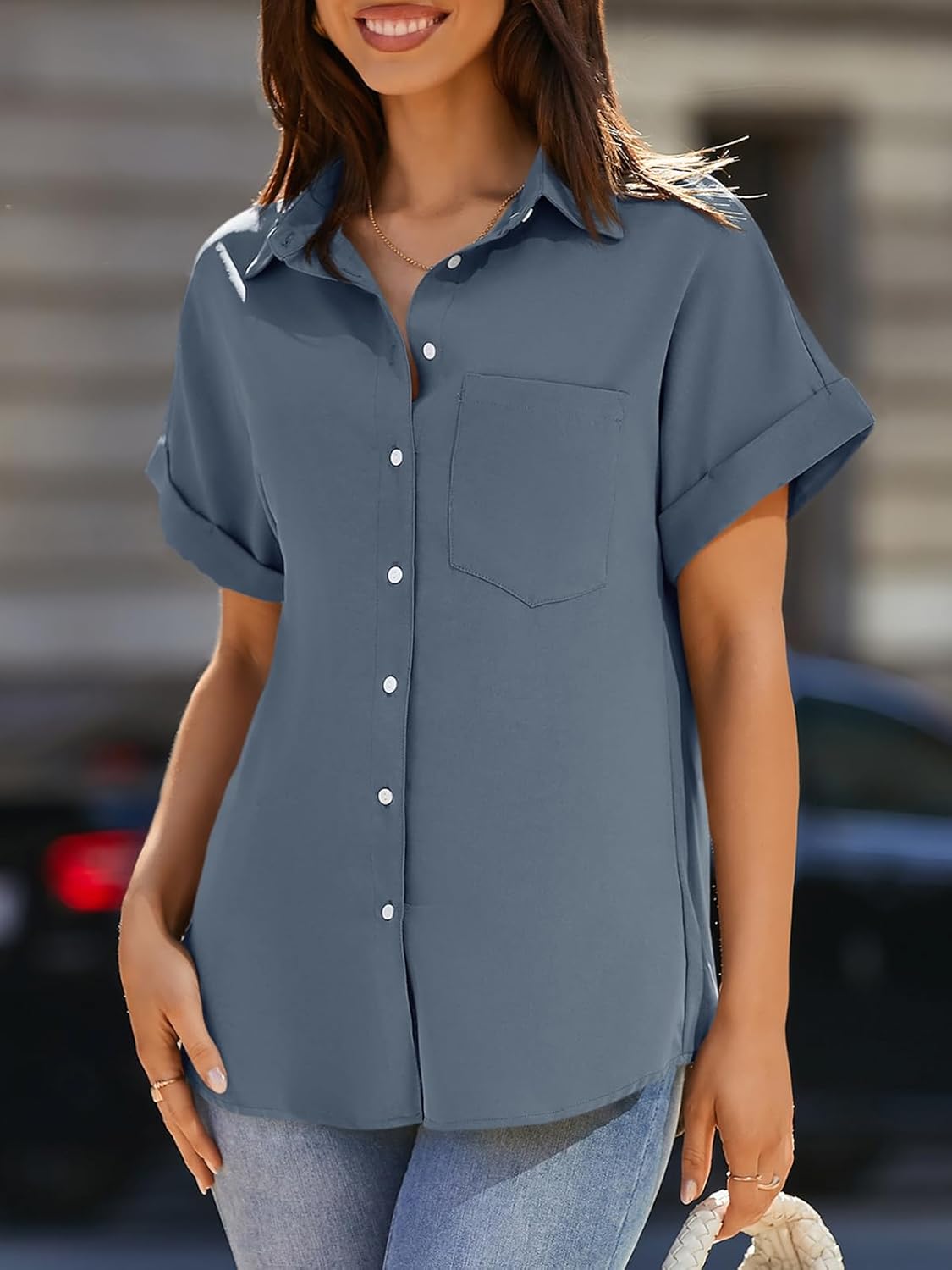 Beautife Womens Short Sleeve Shirts V Neck Collared Button Down Shirt Tops with Pockets Beautife Womens Short Sleeve Shirts V Neck Collared Button Down Shirt Tops with Pockets