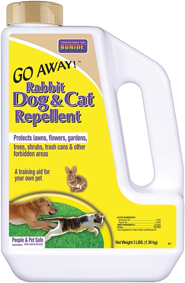Bonide Go Away! Rabbit, Dog, & Cat Repellent Granules, 3 lbs Ready-to-Use, Keep Dogs off Lawn, Garden, Mulch & Flower Beds Bonide Go Away! Rabbit, Dog, & Cat Repellent Granules, 3 lbs Ready-to-Use, Keep Dogs off Lawn, Garden, Mulch & Flower Beds