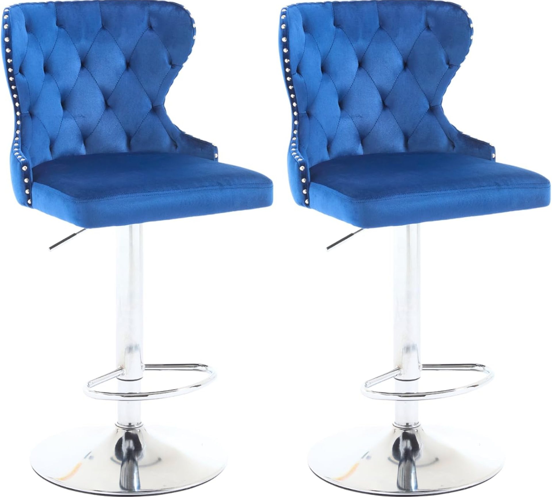 Set of 2 Adjustable Swivel Bar Stools,Velvet Upholstered Counter Height Chairs with Nailhead Trim, Silver Footrest, and High Back for Kitchen Island, Home Bar, Dining Room, Cafe, Blue Set of 2 Adjustable Swivel Bar Stools,Velvet Upholstered Counter Height Chairs with Nailhead Trim, Silver Footrest, and High Back for Kitchen Island, Home Bar, Dining Room, Cafe, Blue
