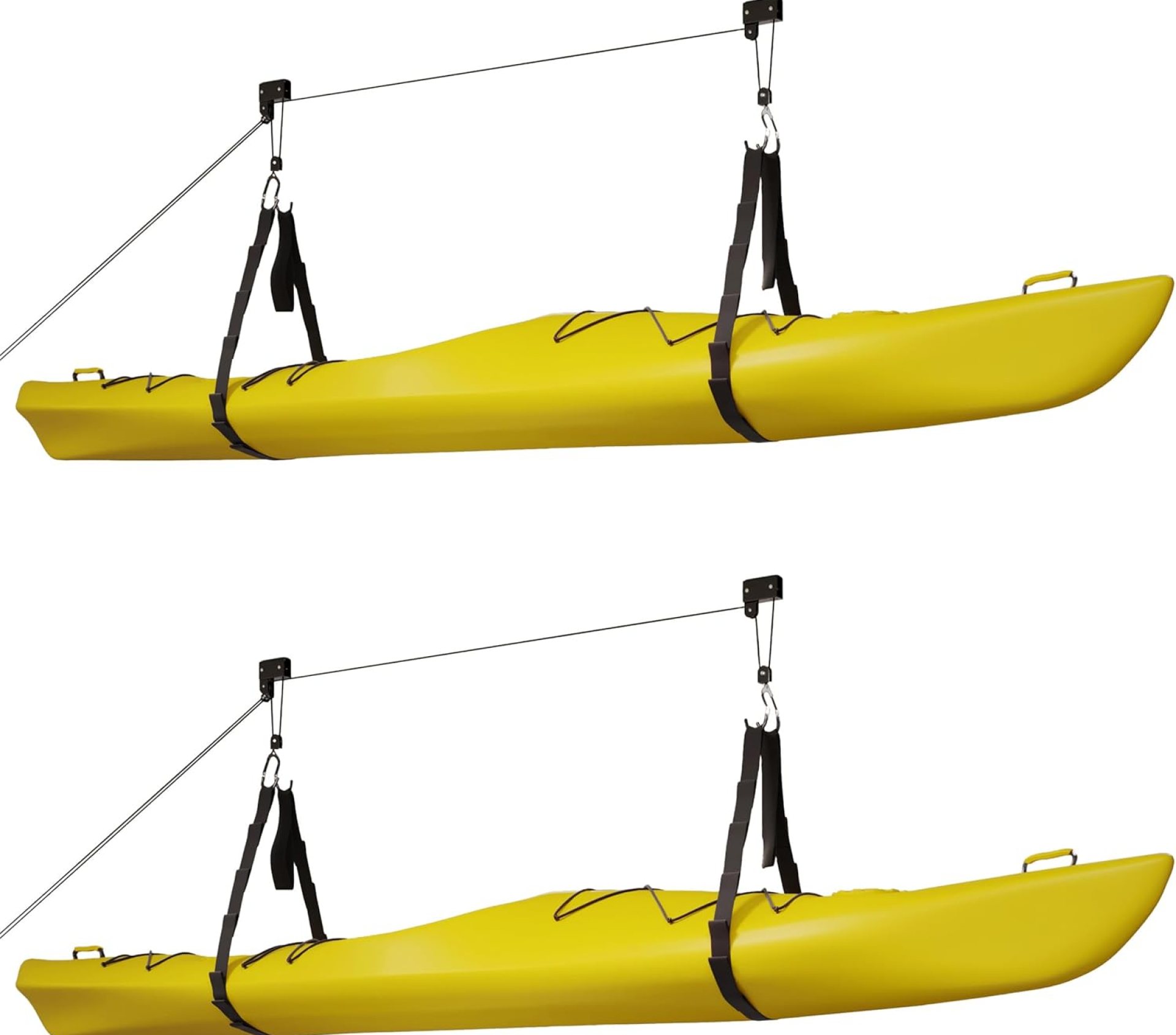 Kayak Storage Hoist – Overhead Pulley System with 125lb Capacity for Canoes, Bikes, Ladders, and More – for up to 12-Foot Ceilings Kayak Storage Hoist – Overhead Pulley System with 125lb Capacity for Canoes, Bikes, Ladders, and More – for up to 12-Foot Ceilings