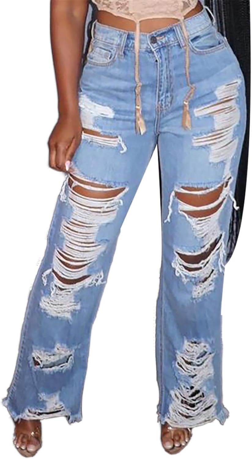 Lucuna Women’s High Waisted Ripped Jeans Cut Out Destroyed Frayed Tassels Distressed Denim Pants Lucuna Women’s High Waisted Ripped Jeans Cut Out Destroyed Frayed Tassels Distressed Denim Pants