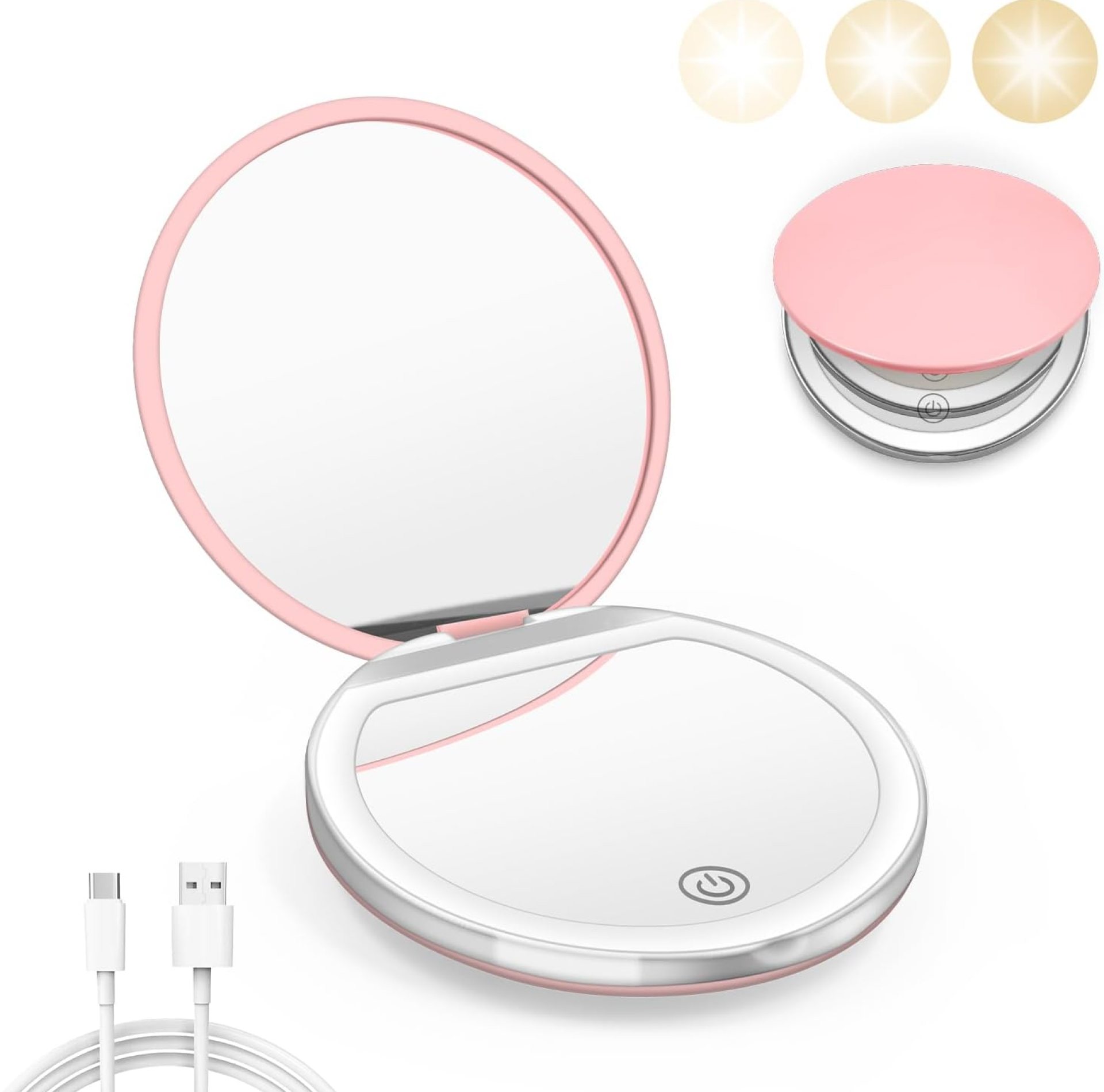 Compact Mirror with Light, 1X/3X Magnification LED Pocket Mirror with USB Data Cable,Mini Mirror for Purse, Pocket,Travel and Present (Pink) Compact Mirror with Light, 1X/3X Magnification LED Pocket Mirror with USB Data Cable,Mini Mirror for Purse, Pocket,Travel and Present (Pink)