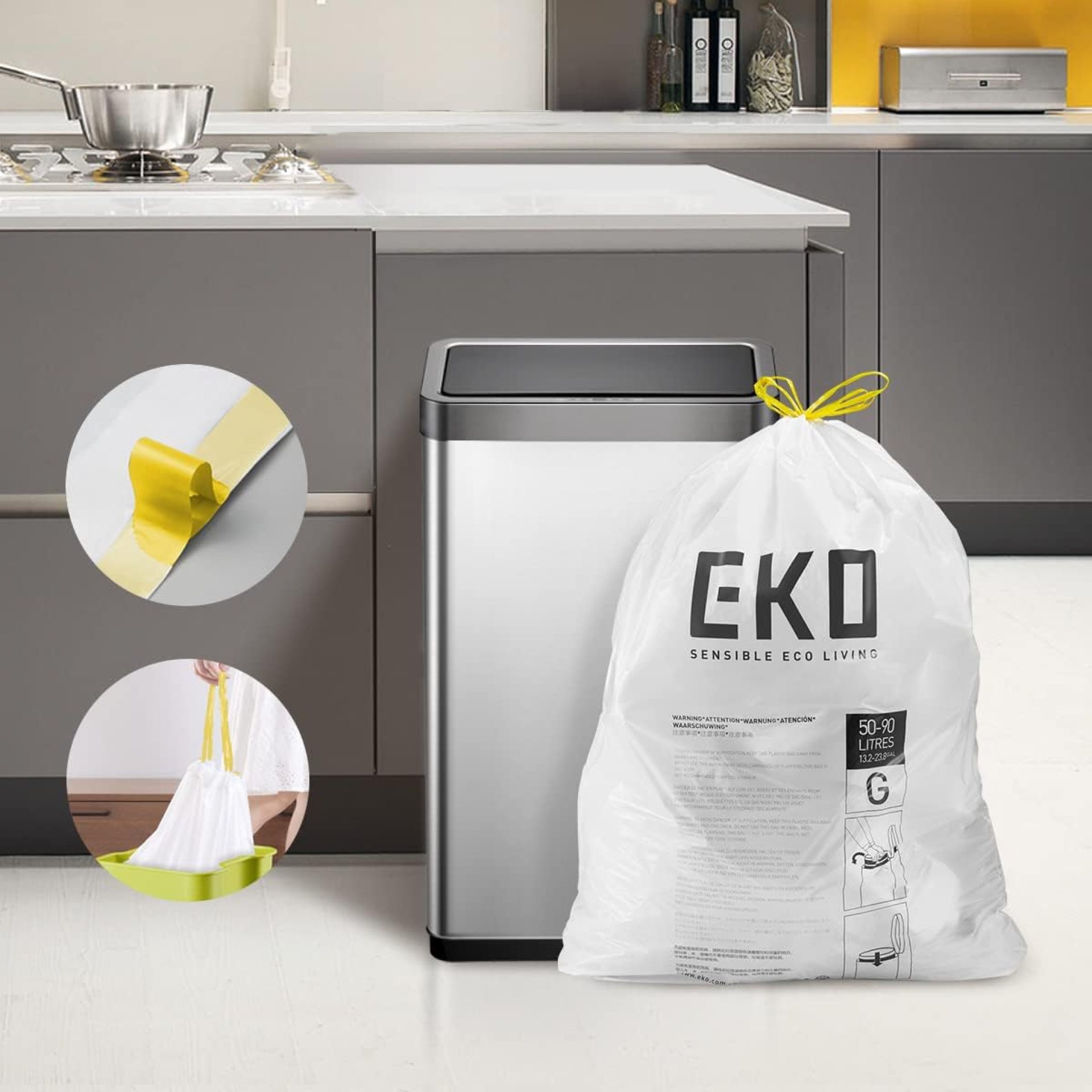 EKO Easy-Dispense Roll of 60 Count Extra-Strong Drawstring Kitchen Trash Bags – 21 Gallon Garbage Bags (79.5L) 1 pack, Code G EKO Easy-Dispense Roll of 60 Count Extra-Strong Drawstring Kitchen Trash Bags – 21 Gallon Garbage Bags (79.5L) 1 pack, Code G