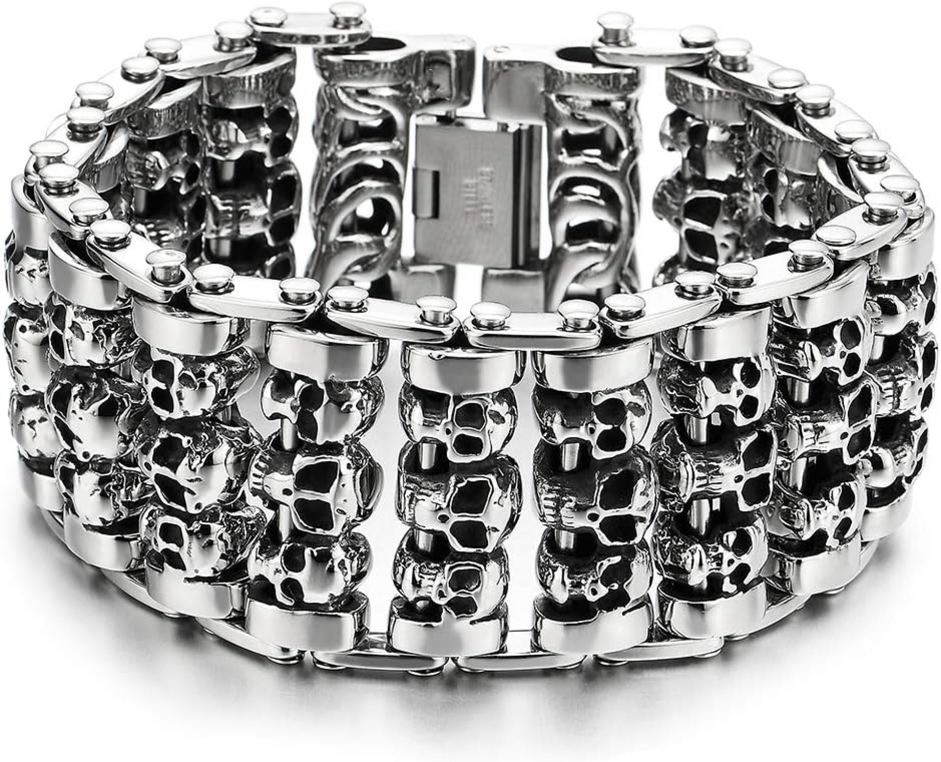 COOLSTEELANDBEYOND Heavy and Study Mens Steel Large Link Chain Motorcycle Bike Chain Bracelet with Skulls Polished COOLSTEELANDBEYOND Heavy and Study Mens Steel Large Link Chain Motorcycle Bike Chain Bracelet with Skulls Polished