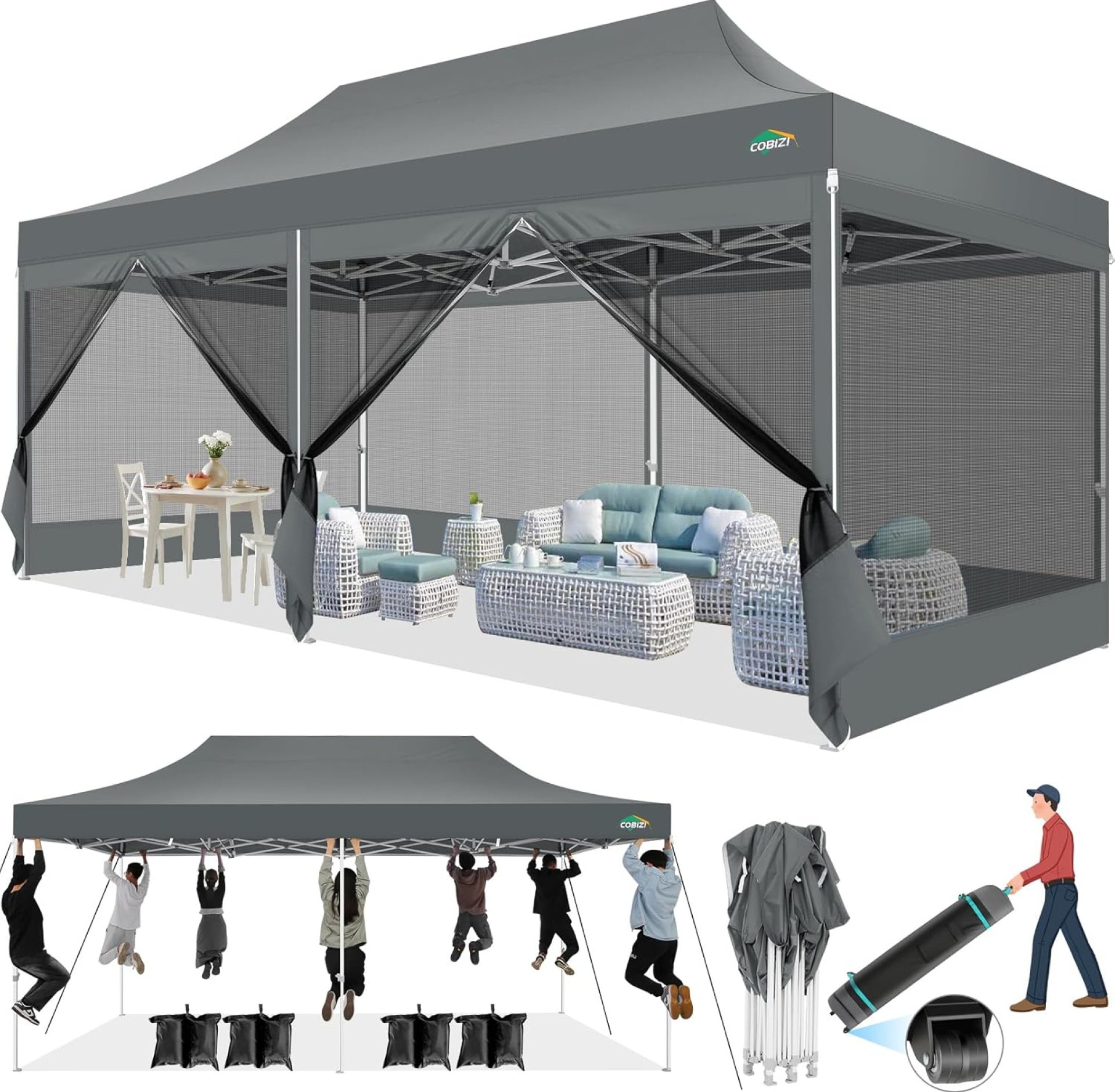 COBIZI 10×20 Pop up Gazebos with 6 Mosquito Netting Sidewalls,Heavy Duty Pop up Canopy Tent for Party,Outdoor Wedding,Lawn and Backyard,Easy Set up Screen Tents with Roller Bag,sandbag,Gray COBIZI 10×20 Pop up Gazebos with 6 Mosquito Netting Sidewalls,Heavy Duty Pop up Canopy Tent for Party,Outdoor Wedding,Lawn and Backyard,Easy Set up Screen Tents with Roller Bag,sandbag,Gray