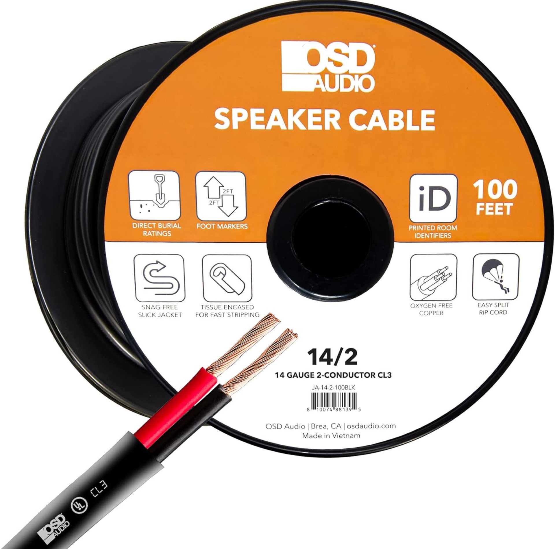 OSD 14/2 Speaker Wire 14 AWG/Gauge 2 Conductor 100FT UL List in Wall Direct Burial Graded CL2/CL3 Oxygen Free Copper OFC – Black OSD 14/2 Speaker Wire 14 AWG/Gauge 2 Conductor 100FT UL List in Wall Direct Burial Graded CL2/CL3 Oxygen Free Copper OFC – Black